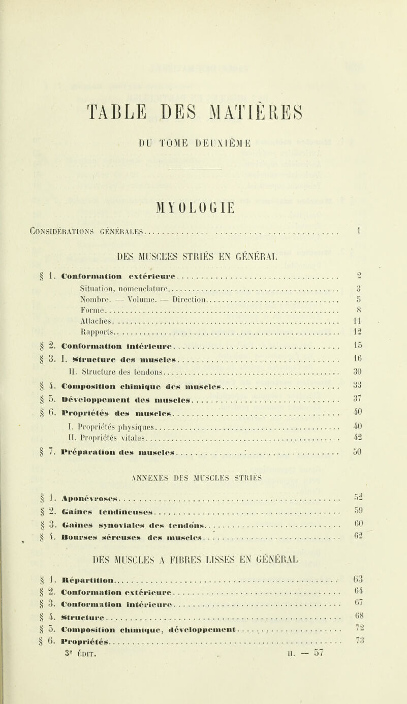 TABLE DES MATIERES Dü TOME DEÏX1ÈME M YOLOGIE Considérations générales 1 DES MUSCLES STRIÉS EN GÉNÉRAL § 1. Conformation extérieure. 2 Situation, nomenclature. 3 Nombre. — Volume. — Direction. 5 Forme. 8 Attaches. 11 Rapports. 12 § 2. Conformation intérieure. 15 § 3. I. Structure «les muscles. 16 11. Structure des tendons. 30 § T. Composition chimique des muscles. 33 § 5. développement «les muscles. 37 § 6. Propriétés des muscles. 40 I. Propriétés physiques. 40 II. Propriétés vitales.. . 42 § 7. Préparation «les muscles. 50 ANNEXES DES MUSCLES STRIÉS § 1. Aponévroses. 52 § 2. Gaines tendineuses. 59 § 3. Gaines synoviales «les tentions. 60 § 4. Bourses séreuses des muscles. 62 DES MUSCLES A FIBRES LISSES EN GÉNÉRAL § 1. Répartition. 63 § 2. Conformation extérieure. 64 § 3. Conformation intérieure.. 67 § 4. Structure. 68 § 5. Composition cliimi«|ue, «léveloppement. 72 § 6. Propriétés. 73 3e ÉDIT. II. — 57