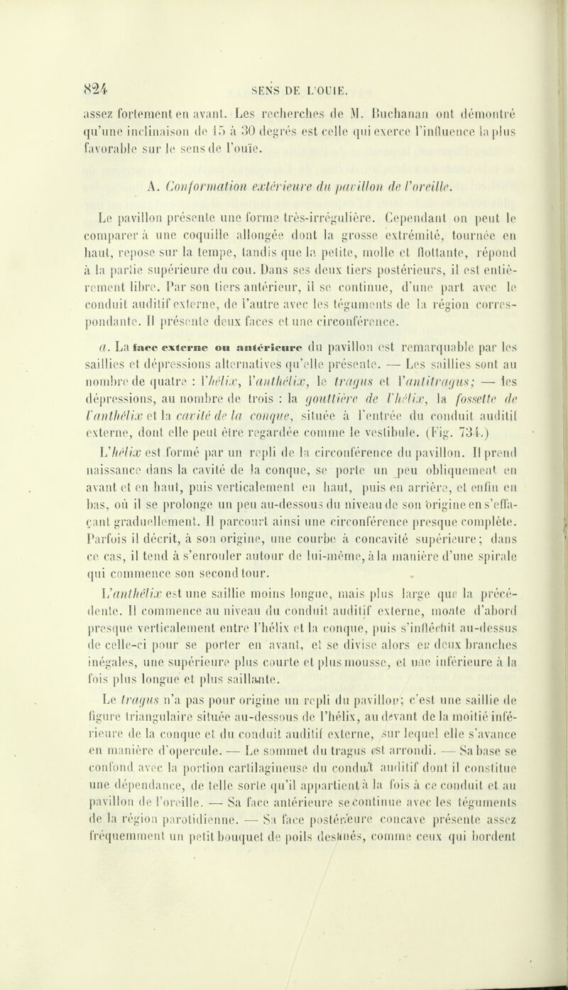 assez fortement eti avant. Les reclierclies de M. Lnclianan ont démontré qu’une inclinaison de 15 à 30 degrés est celle qui exerce rinflueoce la pins favorable sur le sens de l’ouïe. A. Conformation extérieure du pavillon de l’oreille. Le pavillon présente une forme très-irrégulière. Cependant on peut le comparer à une coquille allongée dont la grosse extrémité, tournée eu haut, repose sur la tempe, tandis que la petite, molle et llottante, ré{)Oud à la partie supérieure du cou. Dans ses deux tiers postérieurs, il est entiè¬ rement libre. Dar son tiers antérieur, il se continue, d’une part avec le conduit auditif externe, de l’autre avec les téguments de la région corres- pondante. 11 présente deux faces et une circonférence. a. La face extevBBc «« aBitérîeurc du pavillon cst remarquable par les saillies et dépressions alternatives qu’elle présente. — Les saillies sont au nombre de (juatre : Vhélix, VantluHix, le tragus et Vantifragu!^; — les dépressions, au nombre de trois ; la gouttière de l'hélix, la fossette de t'antliélix et la cavité de la conque, située à l’entrée du conduit ainlitit externe, dont elle peut être regardée comme le vestibule. (Fig. 73 L) l'hélix est formé par un repli de la circonférence du pavillon. Il prend naissance dans la cavité de la conque, se porte un peu obruiuement en avant et en haut, puis verticalement en haut, puis en arrière, et enfin en l)as, où il se prolonge un peu au-dessous du niveau de son Origine en s’effa¬ çant graduellement. Il parcourt ainsi une circonférence presque complète. Parfois il décrit, à son origine, une courbe à concavité supérieure ; dans ce cas, il tend à s’enrouler autour de Ini-même, àla manière d’une spirale qui commence son second tour. l/anthélix est une saillie moins longue, mais plus large que la précé¬ dente. 11 commence au niveau du conduit auditif externe, mo/ite d’abord presque verticalement entre l’hélix et la conque, puis s’iidïécliit au-dessus de celle-ci pour se porter en avant, et se divise alors eu deux brandies inégales, une supérieure plus courte et plus mousse, et une inférieure à la fois plus longue et plus saillaaite. Le tragus n’a pas pour origine un repli du pavillon; c’est une saillie de figure triangulaire située au-dessous de l’hélix, au devant de la moitié infé¬ rieure de la conque et du conduit auditif externe, sur le([uel elle s’avance en manière d’opercule. — Le sommet du tragus est arrondi. — Sa hase se confond avec la portion cartilagineuse du conduÙ auditif dont il conslitue une dépendance, de telle sorte qu’il appartient à la fois à ce conduit et au pavillon de l’oreille. — Sa face antérieure se continue avec les téguments de la région parotidienne. — Sa face |)ostéi7eiire concave présente assez fréquemment un i)etit boiujuet de poils deslinés, comme ceux (jui l)ordent J