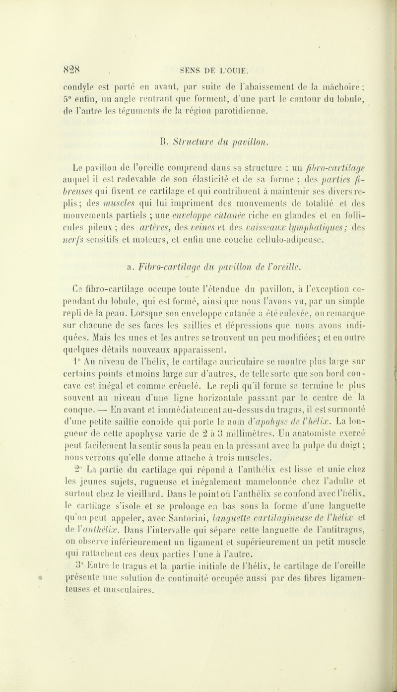 colulyle est porte en avant, par suite de l’ahaisscnient de la niàclioii'e; 5° enfin, nn angle rentrant que forment, d’une part le contour du lobule, de l’autre tes téguments de la région parotidienne. B, Structure du puvüton. Le pavillon de l’oreille comprend dans sa structure : un fihro-cartllage auquel il est redevable de son élasticité et de sa forme ; des parties fi¬ breuses qui tixent ce cartilage et qui contribuent à maintenir ses divers re- jdis; des muscles qui lui impriment des mouvements de totalité et des mouvements partiels ; une enveloppe cutanée riche en glandes et en folli¬ cules pileux; des artères^ des veines el des vaisseaux lymphatiques ; des nerfs sensitifs et moteurs, et enfin une couche cellulo-adipeuse. a. Fibro-cartüage du pavillon de Voreille. Ce fibro-cartilage occupe toute rétendue du pavillon, à l’exception ce¬ pendant du lobule, qui est formé, ainsi que nous l’avons vu, par un simple repli de la peau. Lorsque son enveloppe cutanée a été enlevée, on remarque sur chacune de ses faces les saillies et dépressions que nous avons indi¬ quées. Mais les unes et les autres se trouvent un peu modifiées; et en outre quelques détails nouveaux apparaissent. 1° Au niveau de l’hélix, le cartilage auriculaire se montre plus large sur certains points etmoins large sur d’autres, de tellesorle que son bord con¬ cave est inégal et comme crénelé. Le repli qu’il forme se termine le ])lus souvent au niveau d’une ligne horizontale passant par le centre de la conque.— En avant et immédiatement au-dessus du tragus, il est surmonté d’une petite saillie conoïde qui porte le nom d'apohyse de riiélix. La lon¬ gueur de celte apophyse varie de 2 à 3 millimètres. Un anatomiste exercé peut facilement la sentir sous la peau en la pressant avec la pulpe du doigt ; nous verrons qu’elle donne attache à trois muscles. 2° La partie du cartilage (}ui répond à l’anlhélix est lisse et unie chez les jeunes sujets, rugueuse et inégalement mamelonnée chez l’adulte et surtout chez le vieillartl. Dans le point où l’aidhélix se confond avec l’hélix, le cartilage s’isole et se prolonge en bas sous la forme d’une huiguette qu’on peut appeler, avec Santorini, languette cartilagineuse de ntélix et de Vanthélix. Dans l’intervalle (pii sépare celte languette de l’aiililragns, on observe inférieurement un ligament et siipéi-ieuremenl un petit muscle (jui rattachent ces deux parties l’une à l’autre. 3 Entre le tragus et la partie initiale de l’hélix, le cartilage de l’oreille • présente une solution de continuité occupée aussi par des fibres ligamen¬ teuses et musculaii*es.