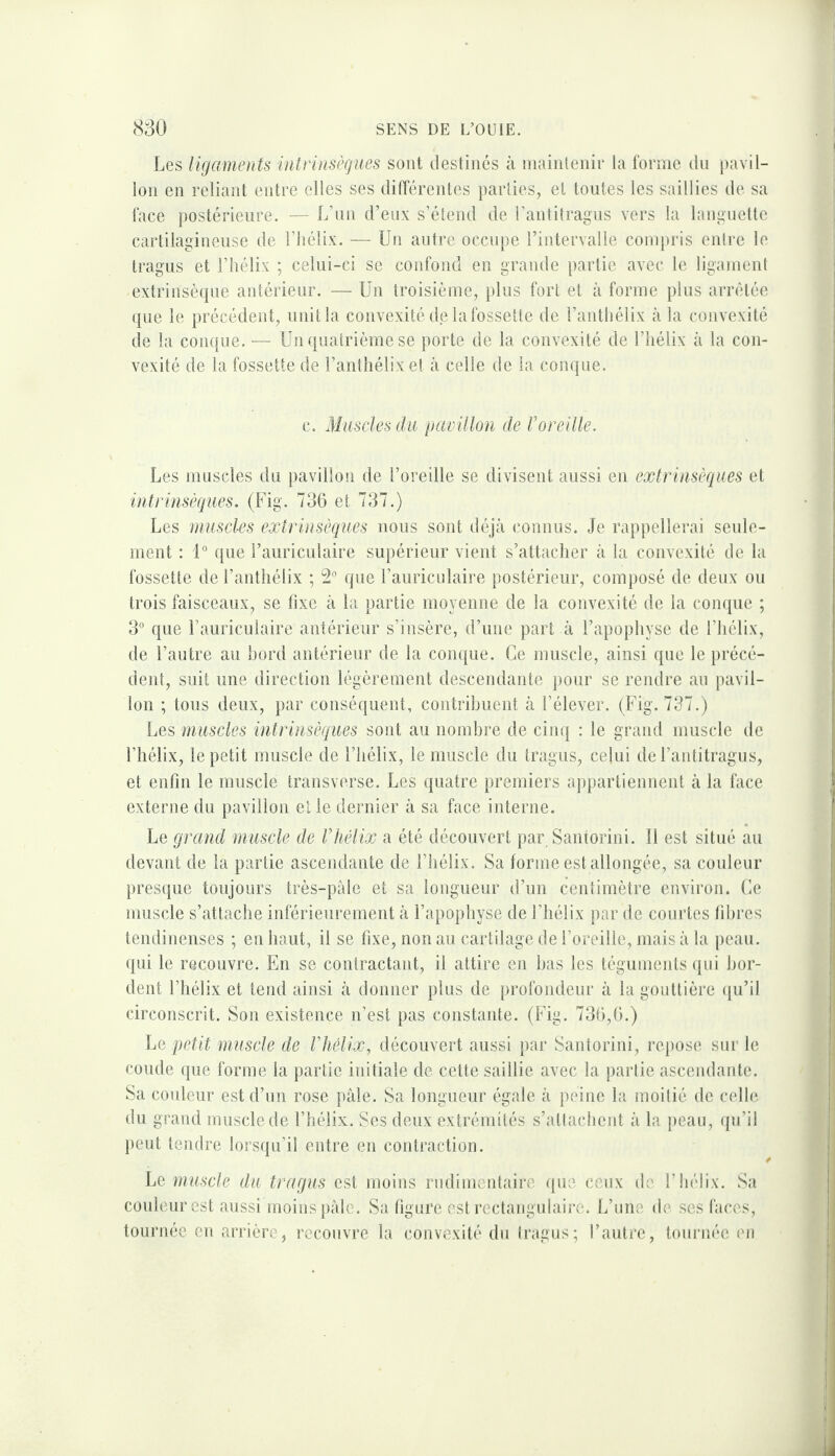 Les ligaments intrinsèques sont destinés à niaintenii- la forme du pavil¬ lon en reliant entre elles ses ditTérentes parties, et tontes les saillies de sa face postérieure. — L’nn d’eux s’étend de l’antitragns vers la langnctte cartilagineuse de l’iiélix. — Un antre occupe l’intervalle compris entre le tragus et l’hélix ; celui-ci se confond en grande partie avec le ligament extrinsècpie antérieur. — Un troisième, pins fort et à forme plus arrêtée que le précédent, unit la convexité de la fossette de l’anthélix à la convexité de la conque. — Un quatrième se porte de la convexité de l’hélix à la con¬ vexité de la fossette de l’anthélix et à celle de la conque. c. Muscles du pavillon de roreille. Les muscles du pavillon de l’oreille se divisent aussi en extrinsèques et inlrinsèques. (Fig. 736 et 737.) Les muscles extrinsèques nous sont déjeà connus. Je rappellerai seule¬ ment : 1° que l’auriculaire supérieur vient s’attacher à la convexité de la fossette de l’anthélix ; 2“ que l’auriculaire postérieur, composé de deux ou trois faisceaux, se fixe à la partie moyenne de la convexité de la commue ; 3° que l’auriculaire antérieur s’insère, d’une part à l’apophyse de l’hélix, de l’autre au bord antérieur de la con(|ue. Ce muscle, ainsi que le précé¬ dent, suit une direction légèrement descendante pour se rendre au pavil¬ lon ; tous deux, par conséquent, contribuent à l’élever. (Fig. 737.) Les muscles intrinsèques sont au nombre de cinq : le grand muscle de l’hélix, le petit muscle de l’iiélix, le muscle du tragus, celui de l’antitragus, et enfin le muscle transverse. Les quatre premiers ap})artiennent à la face externe du pavillon et le dernier à sa face interne. Le grand muscle de Vhélix a été découvert par. Santorini. Il est situé au devant de la partie ascendante de l’hélix. Sa forme est allongée, sa couleur presque toujours très-pâle et sa longueur d’un centimètre environ. Ce innscle s’attache inférieurement à l’apophyse de l’hélix par de courtes fibres tendineuses ; en haut, il se fixe, non au cartilage de l’oreille, mais à la peau, qui le recouvre. En se contractant, il attire en bas les téguments (jiii bor¬ dent l’hélix et tend ainsi cà donner plus de profondeur à la gouttière ([u’il circonscrit. Son existence n’est pas constante. (Fig. 736,6.) Le petit muscle de rhélix, découvert aussi par Santorini, repose sur le coude que forme la partie initiale de cette saillie avec la partie ascendante. Sa conleur estd’im rose pâle. Sa longueur égale à i)eine la moitié de celh*. du grand muscle de l’hélix. Ses deux extrémités s’attaciient à la j)eau, (|u’il peut tendre lorsqu’il entre en contraction. Le muscle du tragus est moins rudimentaire (jue ceux de F hélix. Sa couleur est aussi moins pâle. Sa figure est rectangulaire. L’une de ses faces, tournée en arrière, recouvre la convexité du tragus; l’autre, tournée en