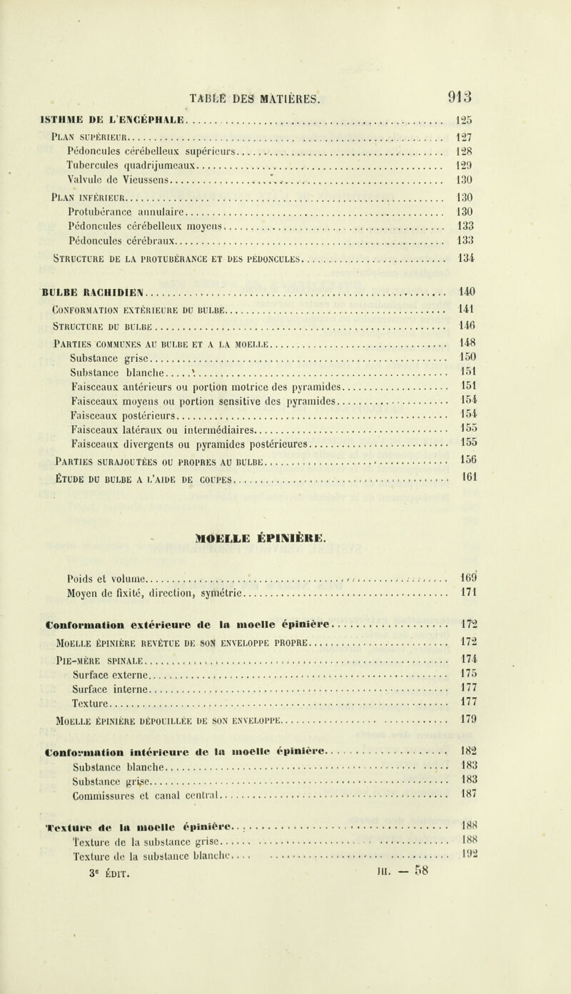 ISTHME DE L’ENCÉPHALE. 125 Plan supérieur. 127 Pédoncules cérébelleux supérieurs... 128 Tubercules quadrijumeaux. 129 Valvule de Vieussens..'w. 130 Plan inférieur. 130 Protubérance annulaire. 130 Pédoncules cérébelleux moyens. 133 Pédoncules cérébraux. 133 Structure de la protubérance et des pédoncules. 134 BULBE RACHIDIEN. 140 Conformation extérieure du bulbe. 141 Structure du bulbe. 146 Parties communes au bulbe et a la moelle. 148 Substance grise. 150 Substance blanche.. 151 Faisceaux antérieurs ou portion motrice des pyramides. 151 Faisceaux moyens ou portion sensitive des pyramides. 154 Faisceaux postérieurs. 154 Faisceaux latéraux ou intermédiaires. 155 Faisceaux divergents ou pyramides postérieures. 155 Parties surajoutées ou propres au bulbe. 156 Étude du bulbe a l’aide de coupes. 161 MIOELLE ÉPINIÈRE. Poids et volume.- < ; -... 169 Moyen de fixité, direction, symétrie. 171 Conformation extérieur© de la moelle épinière. 172 Moelle épinière revêtue de son enveloppe propre. 172 PlE-MÉRE spinale. 174 Surface externe. 175 Surface interne. 177 Texture. 177 Moelle épinière dépouillée de son enveloppe. 179 Conformation intérieure de la moelle épinière. 182 Substance blanche. 183 Substance gri^e. 183 Commissures et canal central. 187 ‘l’exturc de la moelle épinière.. .. 188 Texture de la substance grise. 188 Texture de la substance blanclie.... 192 3® édit. Ih. — 58