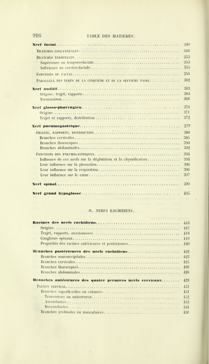 H'crf facial.. Branches collatérales.. 3i6 Branches terminales. 353 Supérieure ou teiiiporo-fuciale. 353 Inférieure ou cervico-faciale. 355 Fonctions du facial. 356 Parallèle des nerfs de la cinultème et de la seuttème paire. 362 üerf auditif. 363 Origine, trajet, rapports... 36i Terminaison. 366 ]lerf glosso-pliacyngieu... 370 Origine... 371 Trajet et rapports, distribution.. 372 üei'f pneumogasteique. . 370 Origine, rapports, distribution.. 380 Branches cervicales. 385 Branches thoraciques... 300 Branches abdominales... 302 Fonctions des pneumogastriques. 301 Intïucncc de ces nerfs sur la déglutition et la chymification... 301 Leur inllueucc sur la phouatiou... 306 Leur inlluence sur la respiration...... 306 Leur influence sur le cœur... 307 î%ei*f opinai..... 300 ^ei*f grand hypoglosse. . .. 105 II. NERFS RACIIIBIENS. Racines des nerfs rachidiens. Il6 Origine. 117 Trajet, rapports, anastomoses. .. 118 Ganglions spinaux. 11!) Propriétés des racines antérieures et postérieures. 120 Uranches postérieures îles nerfs rachidiens. 4!22 Branches sous-occipitales.123 Branches cervicales. 125 Branches thoraciques. 126 Branches abdominales. 126 Branches antérieures des quatre premiers nerfs cervicaux. 120 Plexus cervical. 131 Branches superficielles ou cutanées.131 Transverses ou antérieures... 132 .Vscendantes..... 133 Descendantes.....131 Branches profondes ou musculaires....... 136