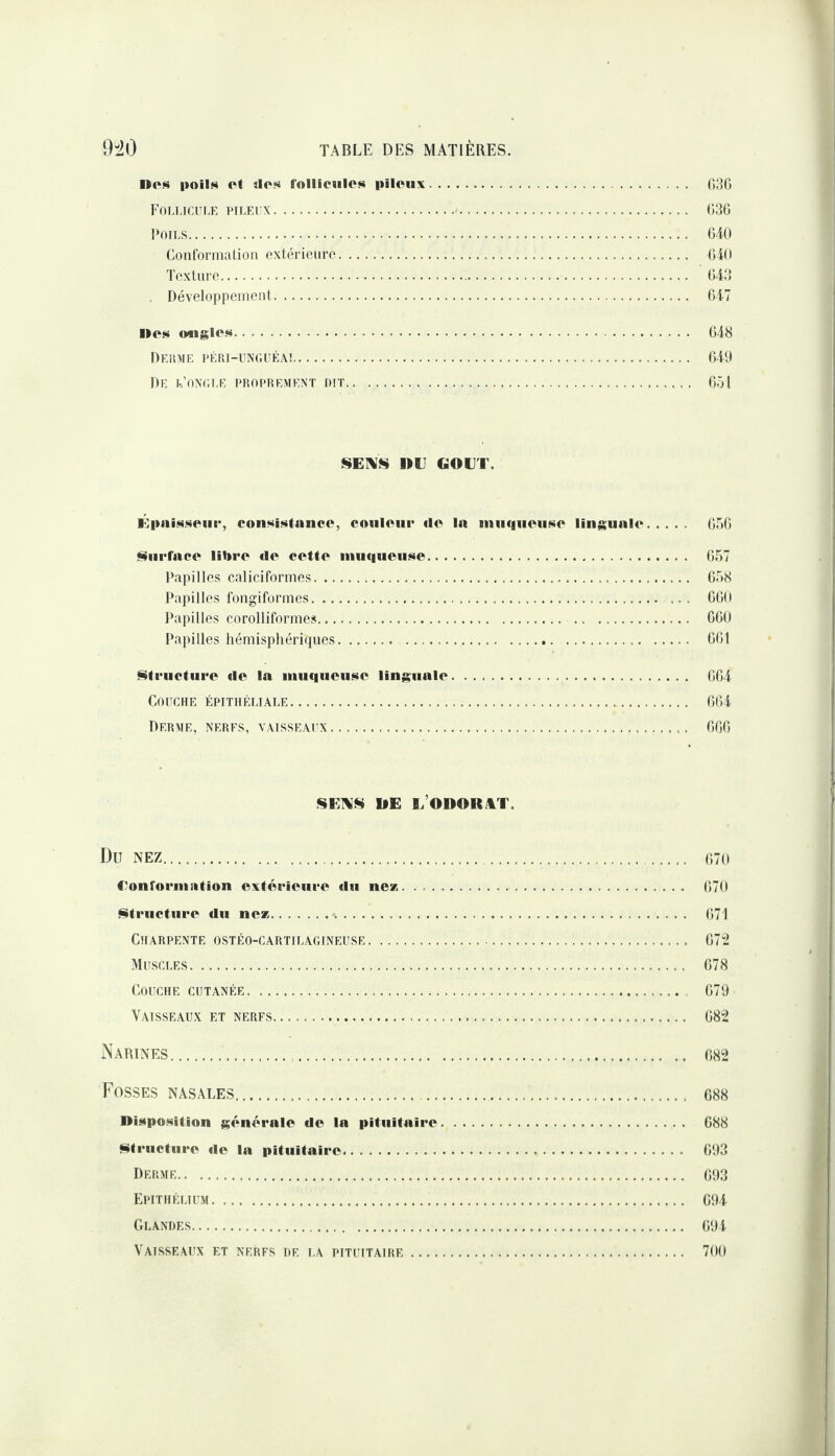nos poils ot ilos follicules pileux. ('»;]() Follicule pileux. (;3() l>oiLS. OiO Conronnalion extérieure. Oid Texture. tiil» . Développement. (J 17 nés o«igles. 048 DEHME PÉIII-UNr.UÉA!. OUI De l’oncle proprement oit. Oôl GOUT. Épaisseue, consistance, couleui* fie la muqueuse linguale. 050 §luefaee libre de cette muqueuse. 057 Papilles caliciformes. 058 Papilles fongiformcs. ... 000 Papilles corolliformes. 000 Papilles hémisphériques.. 001 Structure de la muqueuse linguale. .. 004 Couche épithéliale. 004 Derme, nerfs, vaisseaux. 000 SE1\S UE L’ODORjtT. Du NEZ. 070 Conformation extérieure du ne*. 070 Structure du ne*.-.. 071 Charpente ostéo-cartilagineuse. 072 Muscles. 078 Couche cutanée. 079 Vaisseaux et nerfs. 082 Narines... 082 Fosses nasales. 088 nisposition générale de la pituitaire. 088 Structure de la pituitaire. 093 Derme. 093 Epithélium. 094 Glandes. 091 Vaisseaux et nerfs de la pituitaire. 700