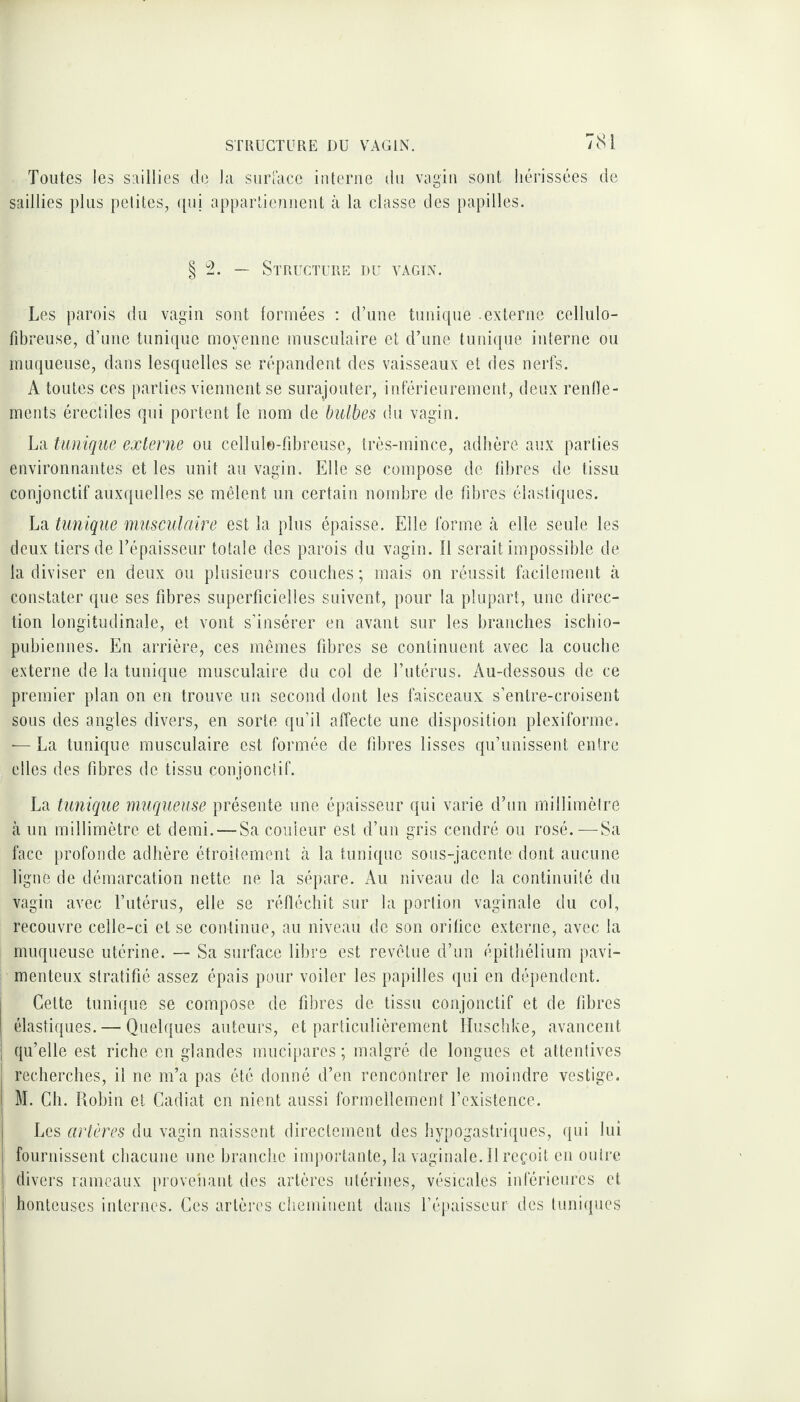 Toutes les saillies de la surface interne du vagin sont hérissées de saillies plus petites, qui appartiennent à la classe des papilles. § 2. — Structure du vagin. Les parois du vagin sont formées : d’une tunique .externe cellulo- fibreuse, d’une tunique moyenne musculaire et d’une tunique interne ou muqueuse, dans lesquelles se répandent des vaisseaux et des nerfs. A toutes ces parties viennent se surajouter, inférieurement, deux renfle¬ ments érectiles qui portent le nom de bulbes du vagin. La tunique externe ou cellule-fibreuse, très-mince, adhère aux parties environnantes et les unit au vagin. Elle se compose de fibres de tissu conjonctif auxquelles se mêlent un certain nombre de fibres élastiques. La tunique musculaire est la plus épaisse. Elle forme à elle seule les deux tiers de l’épaisseur totale des parois du vagin. Il serait impossible de la diviser en deux ou plusieurs couches ; mais on réussit facilement à constater que ses fibres superficielles suivent, pour la plupart, une direc¬ tion longitudinale, et vont s’insérer en avant sur les branches ischio- pubiennes. En arrière, ces mêmes fibres se continuent avec la couche externe de la tunique musculaire du col de l’utérus. Au-dessous de ce premier plan on en trouve un second dont les faisceaux s’entre-croisent sous des angles divers, en sorte qu’il affecte une disposition plexiforme. ■—La tunique musculaire est formée de fibres lisses qu’unissent entre elles des fibres de tissu çonjonclif. La tunique muqueuse présente une épaisseur qui varie d’un millimèlre à un millimètre et demi. — Sa couleur est d’un gris cendré ou rosé.—Sa face profonde adhère étroitement à la tunique sous-jacente dont aucune ligne de démarcation nette ne la sépare. Au niveau de la continuité du vagin avec l’utérus, elle se réfléchit sur la portion vaginale du col, recouvre celle-ci et se continue, au niveau de son orifice externe, avec la muqueuse utérine. — Sa surface libre est revêtue d’un épithélium pavi- menteux stratifié assez épais pour voiler les papilles qui en dépendent. Celte tunique se compose de fibres de tissu conjonctif et de fibres élastiques. — Quelques auteurs, et particulièrement Huschke, avancent qu’elle est riche en glandes mucipares ; malgré de longues et attentives recherches, il ne m’a pas été donné d’en rencontrer le moindre vestige. M. Ch. Robin et Cadiat en nient aussi formellement l’existence. Les artères du vagin naissent directement des hypogastriques, qui lui fournissent chacune une branche importante, la vaginale. Il reçoit en outre divers rameaux provenant des artères utérines, vésicales inférieures et honteuses internes. Ces artères cheminent dans l’épaisseur des tuniques