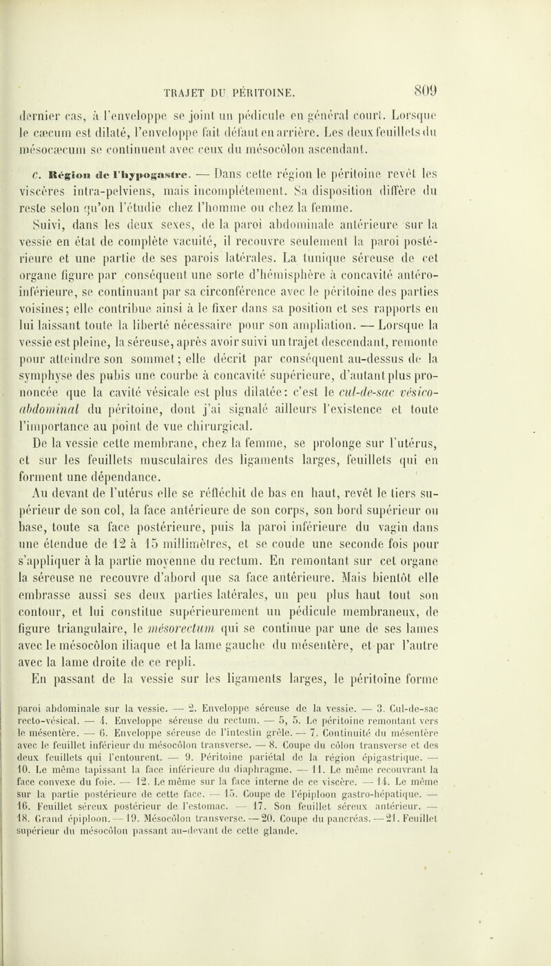 dernier cas, à l’enveloppe se joint un pédicule en général court. Lorsque le cæcum est dilaté, l’enveloppe fait défaut en arrière. Les deux feuillets du mésocæcum se continuent avec ceux du mésocôlon ascendant. c. Région «le l’iiypogastre. — Dans cette région le péritoine revêt les viscères intra-pelviens, mais incomplètement. Sa disposition diffère du reste selon qu’on l’étudie chez l’homme ou chez la femme. Suivi, dans les deux sexes, de la paroi abdominale antérieure sur la vessie en état de complète vacuité, il recouvre seulement la paroi posté¬ rieure et une partie de ses parois latérales. La tunique séreuse de cet organe figure par conséquent une sorte d’hémisphère à concavité antéro- inférieure, se continuant par sa circonférence avec le péritoine des parties voisines; elle contribue ainsi à le fixer dans sa position et ses rapports en lui laissant toute la liberté nécessaire pour son ampliation. — Lorsque la vessie est pleine, la séreuse, après avoir suivi un trajet descendant, remonte pour atteindre son sommet ; elle décrit par conséquent au-dessus de la symphyse des pubis une courbe à concavité supérieure, d’autant plus pro¬ noncée que la cavité vésicale est plus dilatée: c’est le cul-de-sac vésico- abdominal du péritoine, dont j’ai signalé ailleurs l’existence et toute l’importance au point de vue chirurgical. De la vessie cette membrane, chez la femme, se prolonge sur l’utérus, et sur les feuillets musculaires des ligaments larges, feuillets qui en forment une dépendance. Au devant de l’utérus elle se réfléchit de bas en haut, revêt le tiers su¬ périeur de son col, la face antérieure de son corps, son bord supérieur ou base, toute sa face postérieure, puis la paroi inférieure du vagin dans une étendue de 12 à 15 millimètres, et se coude une seconde fois pour s’appliquer à la partie moyenne du rectum. En remontant sur cet organe la séreuse ne recouvre d’abord que sa face antérieure. Mais bientôt elle embrasse aussi ses deux parties latérales, un peu plus haut tout son contour, et lui constitue supérieurement un pédicule membraneux, de figure triangulaire, le mésorectum qui se continue par une de ses lames avec le mésocôlon iliaque et la lame gauche du mésentère, et par l’autre avec la lame droite de ce repli. En passant de la vessie sur les ligaments larges, le péritoine forme paroi abdominale sur la vessie. — 2. Enveloppe séreuse de la vessie. — 3. Cul-de-sac recto-vésical. — 4. Enveloppe séreuse du rectum. — 5, 5. Le péritoine remontant vers le mésentère. — 6. Enveloppe séreuse de l’intestin grêle.— 7. Continuité du mésentère avec le feuillet inférieur du mésocôlon transverse. — 8. Coupe du côlon transverse et des deux feuillets qui l’entourent. — 9. Péritoine pariétal de la région épigastrique. — 10. Le même tapissant la face inférieure du diaphragme. — 11. Le même recouvrant la face convexe du foie. — 12. Le même sur la face interne de ce viscère. —14. Le même sur la partie postérieure de cette face. — 15. Coupe de l’épiploon gastro-hépatique. — 16. Feuillet séreux postérieur de l’estomac. — 17. Son feuillet séreux antérieur. — 18. Grand épiploon. —19. Mésocôlon transverse.—20. Coupe du pancréas. — 21. Feuillet supérieur du mésocôlon passant au-devant de cette glande.