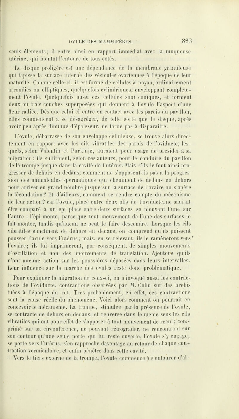 OVULE DES MAMMIFÈRES. 828 seuls éléments; il entre ainsi en rapport immédiat avec la muqueuse utérine, qui bientôt l’entoure de tous côtés. Le disque proligère est une dépendance de la membrane granuleuse qui tapisse la surface interne des vésicules ovariennes à l’époque de leur maturité. Gomme celle-ci, il est formé de cellules à noyau, ordinairement arrondies ou elliptiques, quelquefois cylindriques, enveloppant complète¬ ment l’ovule. Quelquefois aussi ces cellules sont coniques, et forment deux ou trois couches superposées qui donnent à l’ovule l’aspect d’une fleur radiée. Dès que celui-ci entre en contact avec les parois du pavillon, elles commencent à se désagréger, de telle sorte que le disque, après 'avoir peu après diminué d’épaisseur, ne tarde pas à disparaître. L’ovule, débarrassé de son enveloppe celluleuse, se trouve alors direc¬ tement en rapport avec les cils vibratiles des parois de l’oviducte, les¬ quels, selon Valentin et Purkinje, auraient pour usage de présider à sa migration; ils suffiraient, selon ces auteurs, pour le conduire du pavillon de là trompe jusque dans la cavité de l’utérus. Mais s’ils le font ainsi pro¬ gresser de dehors en dedans, comment ne s’opposent-ils pas à la progres¬ sion des animalcules spermatiques qui cheminent de dedans en dehors pour arriver en grand nombre jusque sur la surface de l’ovaire où s’opère la fécondation? Et d’ailleurs, comment se rendre compte du mécanisme de leur action? car l’ovule, placé entre deux plis de Loviducte, ne saurait être comparé à un épi placé entre deux surfaces se mouvant l’une sur l’autre : l’épi monte, parce que tout mouvement de l’une des surfaces le fait monter, tandis qu’aucun ne peut le faire descendre. Lorsque les cils vibratiles s’inclinent de dehors en dedans, on comprend qu’ils puissent pousser l’ovule vers l’utérus; mais, en se relevant, ils le ramèneront vers * l’ovaire; ils lui imprimeront, par conséquent, de simples mouvements d’oscillation et non des mouvements de translation. Ajoutons qu’ils n’ont aucune action sur les poussières déposées dans leurs intervalles. Leur influence sur la marche des ovules reste donc problématique. Pour expliquer la migration de ceux-ci, on a invoqué aussi les contrac¬ tions de l’oviducte, contractions observées par M. Colin sur des brebis tuées à l’époque du rut. Très-probablement, en effet, ces contractions sont la cause réelle du phénomène. Voici alors comment on pourrait en concevoir le mécanisme. La trompe, stimulée par la présence de l’ovule, se contracte de dehors en dedans, et renverse dans le même sens les cils vibratiles qui ont pour effet de s’opposer à tout mouvement de recul ; com¬ primé sur sa circonférence, ne pouvant rétrograder, ne rencontrant sur son contour qu’une seule porte qui lui reste ouverte, l’ovule s’y engage, se porte vers l’utérus, s’en rapproche davantage au retour de chaque con¬ traction vermiculaire, et enfin pénètre dans cette cavité. Vers le tiers externe de la trompe, l’ovule commence à s’entourer d’al-