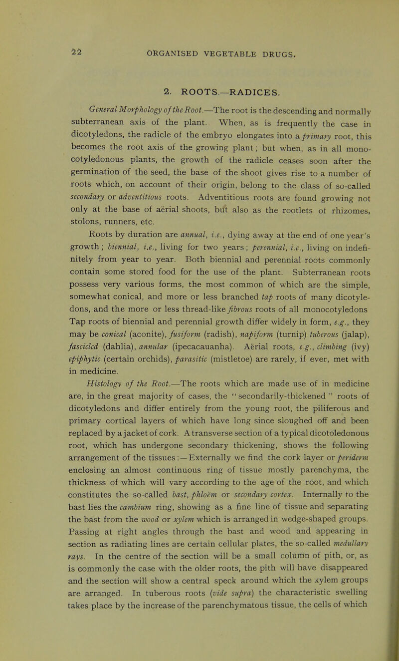 11 2. ROOTS—RADICES. General Morphology of the Root.—The root is the descending and normally subterranean axis of the plant. When, as is frequently the case in dicotyledons, the radicle ot the embryo elongates into a. primary root, this becomes the root axis of the growing plant; but when, as in all mono- cotyledonous plants, the growth of the radicle ceases soon after the germination of the seed, the base of the shoot gives rise to a number of roots which, on account of their origin, belong to the class of so-called secondary or adventitious roots. Adventitious roots are found growing not only at the base of aerial shoots, but also as the rootlets of rhizomes, stolons, runners, etc. Roots by duration are annual, i.e., dying away at the end of one year's growth; biennial, i.e., living for two years; perennial, i.e., hving on indefi- nitely from year to year. Both biennial and perennial roots commonly contain some stored food for the use of the plant. Subterranean roots possess very various forms, the most common of which are the simple, somewhat conical, and more or less branched tap roots of many dicotyle- dons, and the more or less thread-like fibrous roots of all monocotyledons Tap roots of biennial and perennial growth differ widely in form, e.g., they may be conical (aconite),/wsj/om (radish), napiform (turnip) tuberous (jalap), fascicled (dahlia), annular (ipecacauanha). Aerial roots, e.g., climbing (ivy) epiphytic (certain ovch.i6iS), parasitic (mistletoe) are rarely, if ever, met with in medicine. Histology of the Root.—The roots which are made use of in medicine are, in the great majority of cases, the secondarily-thickened  roots of dicotyledons and differ entirely from the young root, the piliferous and primary cortical layers of which have long since sloughed off and been replaced by a jacket of cork. A transverse section of a typical dicotoledonous root, which has undergone secondary thickening, shows the following arrangement of the tissues:—Externally we find the cork layer or periderm enclosing an almost continuous ring of tissue mostly parenchyma, the thickness of which will vary according to the age of the root, and which constitutes the so-called bast, phloem or secondary cortex. Internally to the bast lies the cambium ring, showing as a fine line of tissue and separating the bast from the wood or xylem which is arranged in wedge-shaped groups. Passing at right angles through the bast and wood and appearing in section as radiating lines are certain cellular plates, the so-called mcdullarv rays. In the centre of the section will be a small column of pith, or, as is commonly the case with the older roots, the pith will have disappeared and the section will show a central speck around which the xylem groups are arranged. In tuberous roots {vide supra) the characteristic swelling takes place by the increase of the parenchymatous tissue, the cells of which