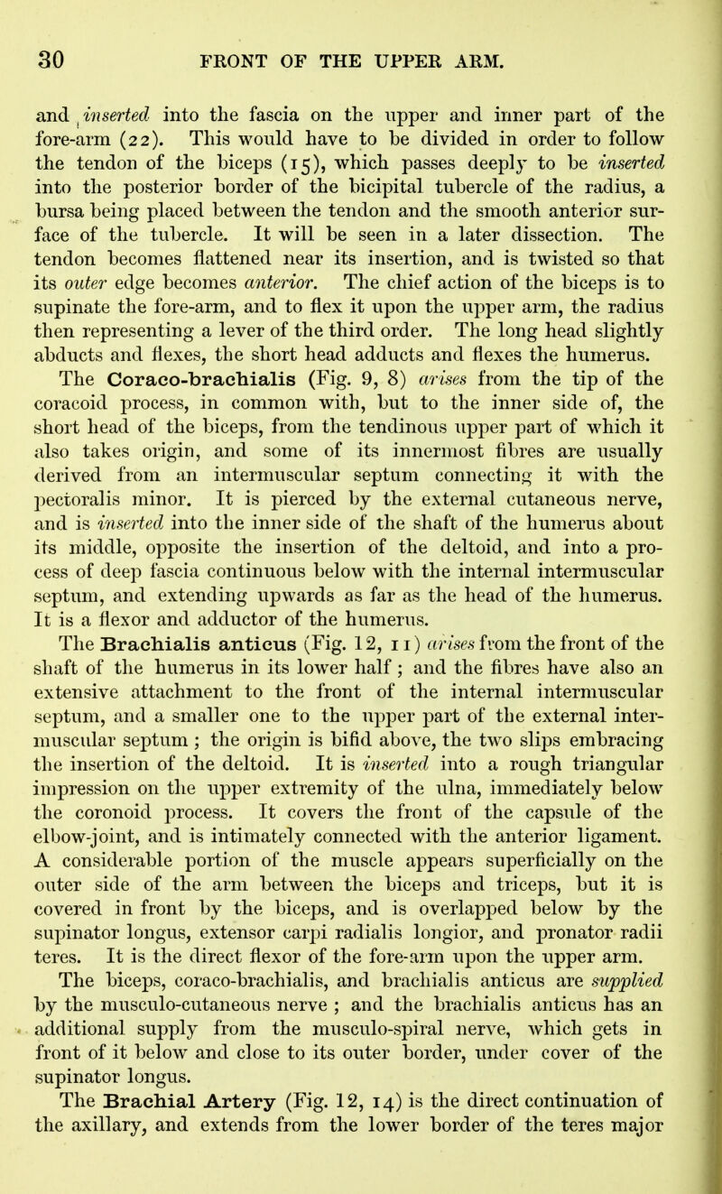 and ^inserted into the fascia on the upper and inner part of the fore-arm (22). This would have to be divided in order to follow the tendon of the biceps (15), which passes deeply to be inserted into the posterior border of the bicipital tubercle of the radius, a bursa being placed between the tendon and the smooth anterior sur- face of the tubercle. It will be seen in a later dissection. The tendon becomes flattened near its insertion, and is twisted so that its outer edge becomes anterior. The chief action of the biceps is to supinate the fore-arm, and to flex it upon the upper arm, the radius then representing a lever of the third order. The long head slightly abducts and flexes, the short head adducts and flexes the humerus. The Coraco-brachialis (Fig. 9, 8) arises from the tip of the coracoid process, in common with, but to the inner side of, the short head of the biceps, from the tendinous upper part of which it also takes origin, and some of its innermost fibres are usually derived from an intermuscular septum connecting it with the pectoralis minor. It is pierced by the external cutaneous nerve, and is inserted into the inner side of the shaft of the humerus about its middle, opposite the insertion of the deltoid, and into a pro- cess of deep fascia continuous below with the internal intermuscular septum, and extending uj)wards as far as the head of the humerus. It is a flexor and adductor of the humerus. The Braehialis anticus (Fig. 12, 11) arises from the front of the shaft of the humerus in its lower half; and the fibres have also an extensive attachment to the front of the internal intermuscular septum, and a smaller one to the upper part of the external inter- muscular septum ; the origin is bifid above, the two slips embracing the insertion of the deltoid. It is inserted into a rough triangular impression on the upper extremity of the ulna, immediately below the coronoid j^rocess. It covers the front of the capsule of the elbow-joint, and is intimately connected with the anterior ligament. A considerable portion of the muscle appears superficially on the outer side of the arm between the biceps and triceps, but it is covered in front by the biceps, and is overlapped below by the supinator longus, extensor carpi radialis longior, and pronator radii teres. It is the direct flexor of the fore-arm upon the upper arm. The biceps, coraco-brachialis, and braehialis anticus are supplied by the musculo-cutaneous nerve ; and the braehialis anticus has an additional supply from the musculo-spiral nerve, which gets in front of it below and close to its outer border, under cover of the supinator longus. The Brachial Artery (Fig. 12, 14) is the direct continuation of the axillary, and extends from the lower border of the teres major