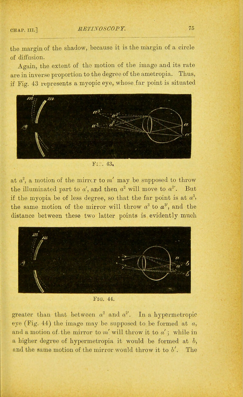 the margin of the shadow, because it is the margin of a circle of difiiision. Again, the extent of the motion of the image and its rate are in inverse proportion to the degree of the ametropia. Thus, if Fig. 43 represents a myopic eye, whose far point is situated Fx::. 43. at a-, a motion of the mirrcr to m! may be supposed to throw the illuminated part to a', and then <^ will move to c^'. But if the myopia be of less degree, so that the far point is at the same motion of the mirror will throw to a^', and the distance between these two latter points is evidently much Fig. 44. greater than that between a- and i^'. In a hypermetropic eye (Fig. 44) the image may be supposed to.be formed at a, and a motion of. the mirror to m will throw it to a \ while in a higher degree of hypermetropia it would be formed at 6, and the same motion of the mirror would throw it to h'. The