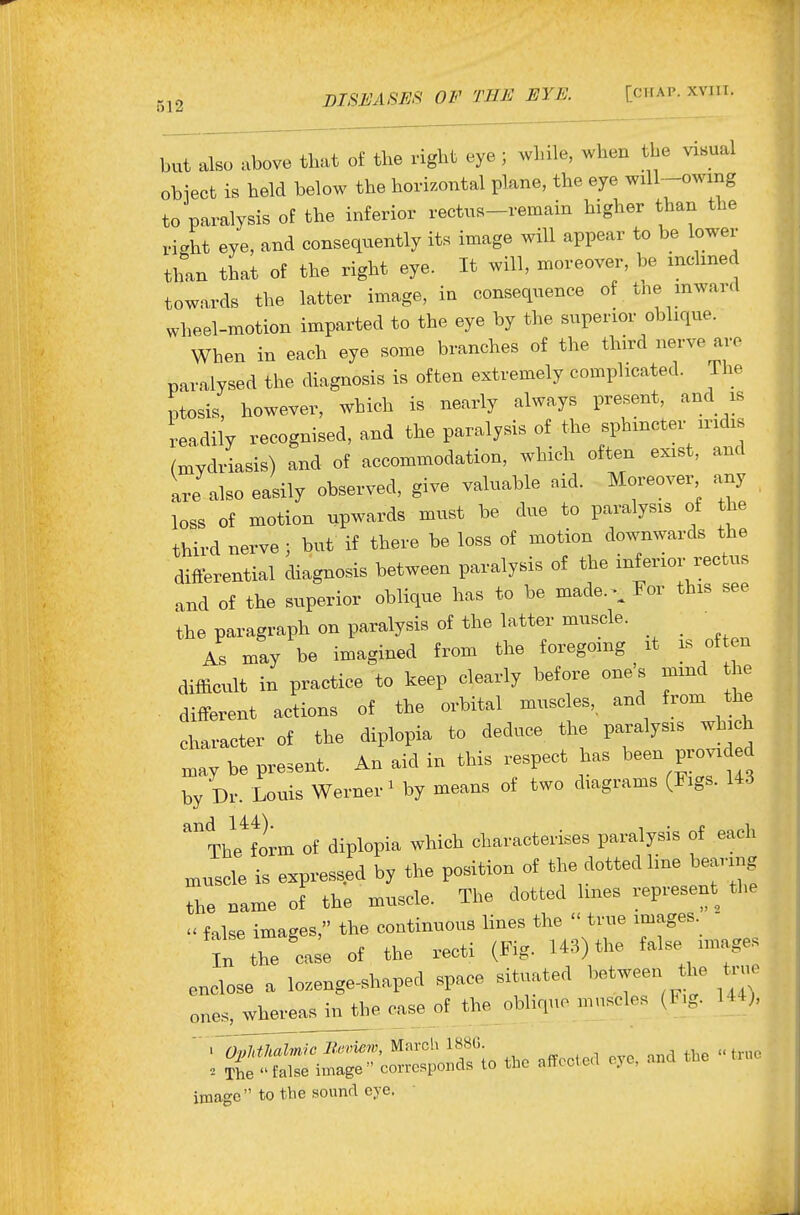 but also above that of the right eye ; while, when the visual obiect is held below the horizontal plane, the eye wiU-owing to paralysis of the inferior rectus-remain higher than the richt eye, and consequently its image will appear to be lower than that of the right eye. It will, moreover, be mchned towards the latter iniage, in consequence of the mwarcl wheel-motion imparted to the eye by the superior oblique. When in each eye some branches of the third nerve are paralysed the diagnosis is often extremely complicated. The ptosis, however, which is nearly always present, and is readily recognised, and the paralysis of the sphincter iridis (xnydriasis) and of accommodation, which often exist, and are also easily observed, give valuable aid. Moreover any loss of motion upwards must be due to paralysis of the third nerve ; but if there be loss of motion downwards the differential diagnosis between paralysis of the inferior rectus ^nd of the superior oblique has to be made. For this see the paragraph on paralysis of the latter muscle. _ • As may be imagined from the foregoing it is of en difficult in practice to keep clearly before one's mmd he different actions of the orbital muscles, and from the character of the diplopia to deduce the paralysis which Ly be present. An aid in this respect has been provided by Dr. Louis Werner^ by means of two diagrams (Figs. 143 'The^^orm of diplopia which characterises paralysis of each niuscle is expressed by the position of the dotted line bearing The name of the muscle. The dotted lines represent the  false images, the continuous lines the  true images  n he ca^e of the recti (Fig. 143) the false images enclose a lozenge-shaped space situated between the ti^ ones, wherea^e case of the obhquo muscles (F,g. 144;. ' fil^ i^^ - ^--^ image to the sound eye.