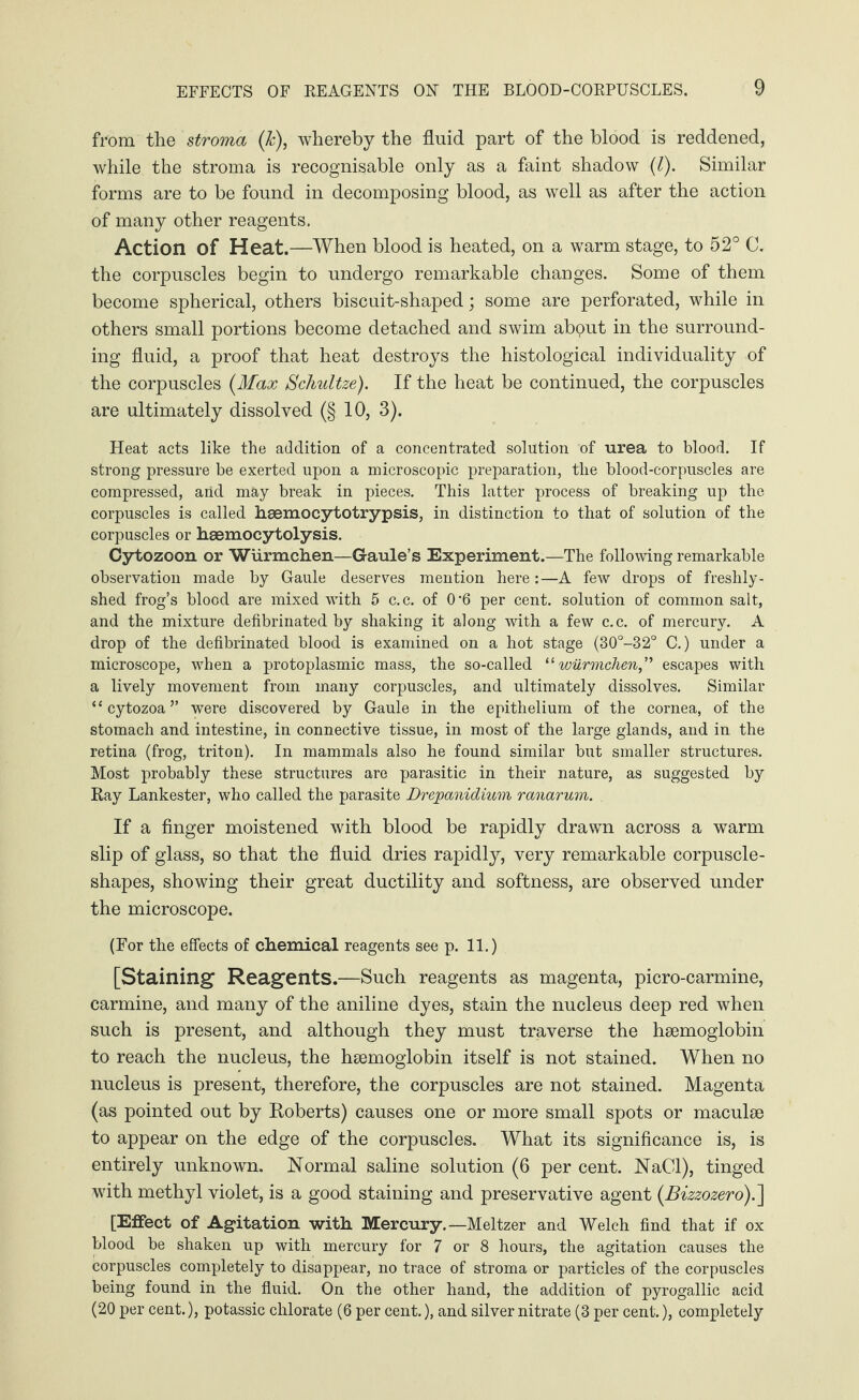 from the stroma (Jc), whereby the fluid part of the blood is reddened, while the stroma is recognisable only as a faint shadow (l). Similar forms are to be found in decomposing blood, as well as after the action of many other reagents. Action of Heat.—When blood is heated, on a warm stage, to 52° C. the corpuscles begin to undergo remarkable changes. Some of them become spherical, others biscuit-shaped; some are perforated, while in others small portions become detached and swim about in the surround¬ ing fluid, a proof that heat destroys the histological individuality of the corpuscles {Max Schnitze). If the heat be continued, the corpuscles are ultimately dissolved (§ 10, 3). Heat acts like the addition of a concentrated solution of urea to blood. If strong pressure be exerted upon a microscopic preparation, the blood-corpuscles are compressed, arid may break in pieces. This latter process of breaking up the corpuscles is called hsemocytotrypsis, in distinction to that of solution of the corpuscles or haemocytolysis. Cytozoon or Würmchen—Gaule’s Experiment.—The following remarkable observation made by Gaule deserves mention here:—A few drops of freshly - shed frog’s blood are mixed with 5 c.c. of 0'6 per cent, solution of common salt, and the mixture defibrinated by shaking it along with a few c.c. of mercury. A drop of the defibrinated blood is examined on a hot stage (30°-32° C.) under a microscope, when a protoplasmic mass, the so-called “Würmchen,” escapes with a lively movement from many corpuscles, and ultimately dissolves. Similar “cytozoa” were discovered by Gaule in the epithelium of the cornea, of the stomach and intestine, in connective tissue, in most of the large glands, and in the retina (frog, triton). In mammals also he found similar but smaller structures. Most probably these structures are parasitic in their nature, as suggested by Kay Lankester, who called the parasite Drepanidium ranarum. If a finger moistened with blood be rapidly drawn across a warm slip of glass, so that the fluid dries rapidly, very remarkable corpuscle- shapes, showing their great ductility and softness, are observed under the microscope. (For the effects of chemical reagents see p. 11.) [Staining Reagents.—Such reagents as magenta, picro-carmine, carmine, and many of the aniline dyes, stain the nucleus deep red when such is present, and although they must traverse the haemoglobin to reach the nucleus, the haemoglobin itself is not stained. When no nucleus is present, therefore, the corpuscles are not stained. Magenta (as pointed out by Roberts) causes one or more small spots or maculae to appear on the edge of the corpuscles. What its significance is, is entirely unknown. Normal saline solution (6 per cent. NaGl), tinged with methyl violet, is a good staining and preservative agent (Bizzozero).\ [Effect of Agitation with Mercury.—Meitzer and Welch find that if ox blood be shaken up with mercury for 7 or 8 hours, the agitation causes the corpuscles completely to disappear, no trace of stroma or particles of the corpuscles being found in the fluid. On the other hand, the addition of pyrogallic acid (20 per cent.), potassic chlorate (6 per cent.), and silver nitrate (3 per cent.), completely