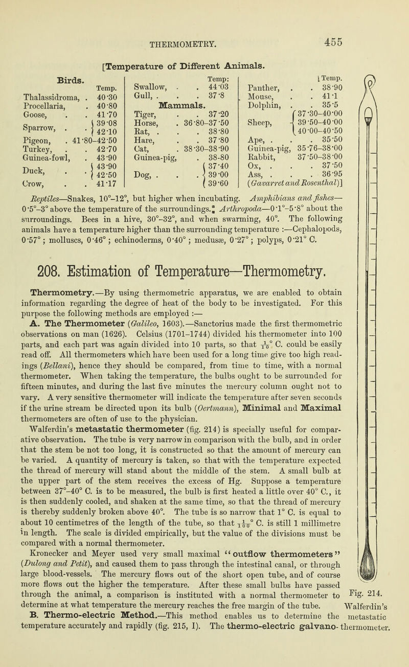 THERMOMETRY. [Temperature of Different Animals. Birds. Thalassidroma, Procellaria, Goose, Sparrow, . Pigeon, . 41 Turkey, Guinea-fowl, Duck, Crow, Temp. . 40-30 . 40-80 . 4170 J 39-08 • ) 42-10 •80-42-50 . 42-70 . 43-90 43-90 42-50 41-17 Temp: Swallow, , . 44'03 Gull, . . .37-8 Mammals. Tiger, . . 37‘20 Horse, . 36-80-37-50 Rat, . . . 38-80 Hare, . . 37*80 Cat, . 38-30-38-90 Guinea-pig, . 38-80 ' 37-40 Dog,. . .<(39-00 39-60 Panther, Mouse, Dolphin, Sheep, Ape, . Guinea-pig, Rabbit, Ox, . Ass, . [ Temp. . 38-90 . 41T . 35-5 '37-30-40-00 39- 50-40-00 40- 00-40-50 . 35-50 35-76-38*00 37-50-38-00 . 37-50 . 36-95 (Gavarret and Rosenthal)] Reptiles—Snakes, 10°-12°, but higher when incubating. Amphibians and fishes— 0-5°-3° above the temperature of the surroundings.“ Arthropoda—0l°-5-8° about the surroundings. Bees in a hive, 30°-32°, and when swarming, 40°. The following animals have a temperature higher than the surrounding temperature :—Cephalopods, 0-57°; molluscs, 0-46°; echinoderms, 0‘40°; medusae, 0‘27°; polyps, 0-21° C. 208. Estimation of Temperature—Thermometry. Thermometry.—By using thermometric apparatus, we are enabled to obtain information regarding the degree of heat of the body to be investigated. For this purpose the following methods are employed :— A. The Thermometer [Galileo, 1603).—Sanctorius made the first thermometric observations on man (1626). Celsius (1701-1744) divided his thermometer into 100 parts, and each part was again divided into 10 parts, so that C. could be easily read off. All thermometers which have been used for a long time give too high read¬ ings (Bellani), hence they should be compared, from time to time, with a normal thermometer. When taking the temperature, the bulbs ought to be surrounded for fifteen minutes, and during the last five minutes the mercury column ought not to vary. A very sensitive thermometer will indicate the temperature after seven seconds if the urine stream be directed upon its bulb (Oertmann), Minimal and Maximal thermometers are often of use to the physician. Walferdin’s metastatic thermometer (fig. 214) is specially useful for compar¬ ative observation. The tube is very narrow in comparison with the bulb, and in order that the stem be not too long, it is constructed so that the amount of mercury can be varied. A quantity of mercury is taken, so that with the temperature expected the thread of mercury will stand about the middle of the stem. A small bulb at the upper part of the stem receives the excess of Hg. Suppose a temperature between 37°-40° C. is to be measured, the bulb is first heated a little over 40° C., it is then suddenly cooled, and shaken at the same time, so that the thread of mercury is thereby suddenly broken above 40°. The tube is so narrow that 1° C. is equal to about 10 centimetres of the length of the tube, so that C. is still 1 millimetre in length. The scale is divided empirically, but the value of the divisions must be compared with a normal thermometer. Kronecker and Meyer used very small maximal “outflow thermometers” (Dulong and Petit), and caused them to pass through the intestinal canal, or through large blood-vessels. The mercury flows out of the short open tube, and of course \WU1I more flows out the higher the temperature. After these small bulbs have passed through the animal, a comparison is instituted with a normal thermometer to Fig. 214. determine at what temperature the mercury reaches the free margin of the tube. Walferdin’s B. Thermo-electric Method.—This method enables us to determine the metastatic temperature accurately and rapidly (fig. 215, I). The thermo-electric g-alvano- thermometer.