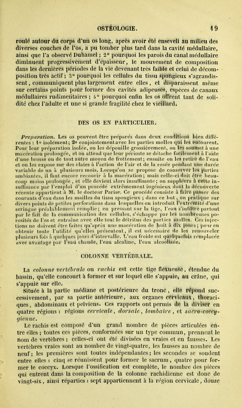 roulé autour du corps d'un os long, après avoir été enseveli au milieu des diverses couches de l'os, a pu tomber plus tard dans la cavité médullaire, ainsi que l'a observé Duhamel ; 2° pourquoi les parois du canal médullaire diminuent progressivement d'épaisseur, le mouvement de composition dans les dernières périodes de la vie devenant très faible et celui de décom- position très actif; 3° pourquoi les cellules du tissu Spongieux s'agrandis- sent , communiquent plus largement entre elles , et disparaissent même sur certains points poUr former des cavités adipeuses, espèces de canaux médullaires rudimeritaires ; 4 ° pourquoi enfin les os offrent tant de soli- dité chez l'adulte et une si grande fragilité chez le vieillard. DES OS EN PARTICULIER. Préparation. Les os peuvent être prépares dans deux conditions bien diffé- rentes : 1° isolément; 2o conjointement avec les parties molles qui les entourent. Pour leur préparatiou isole'e, on les de'pouille grossièrement, on les soumet à une macératiou prolongée, et on attend que leur périoste se détache facilement à l'aide d'une brosse ou de tout autre moyen de frottement; ensuite on les retire de l'eau et on les expose sur des claies à l'action de l'air et de la rose'e pendant une dure'e variable de un à plusieurs mois. Lorsqu'on se propose de conserver les parties ambiantes, il faut encore recourir à la mace'ration ; mais celle-ci doit être beau- coup moins prolonge'e , et elle devient alors insuffisante; on suppléera à celte in- suffisance par l'emploi d'un procédé extrêmement ingénieux dont la découverte récente appartient à M. le docteur Parise. Ce proce'dé consiste à faire passer des courants d'eau dans les mailles du tissu spongieux ; dans ce but, on pratique sur divers points de petites perforations dans lesquelles on introduit l'extrémité d'une seringue préalablement remplie; en pressant sur la lige, l'eau s'infiltre partout par le fait de la communication des cellules, s'échappe par les nombreuses po- rosités de l'os et entraîne avec elle tout le détritus des parties molles. Ces injec- tions ne doivent être faites qu'après une macération de huit à dix jours; pour en obtenir toute l'utilité qu'elles présentent, il est nécessaire de les renouveler plusieurs fois à quelques jours d'intervalle. L'eau froide est quelquefois remplacée avec avantage par l'eau chaude, l'eau alcaline, l'eau alcoolisée. COLONNE VERTÉBRALE. La colonne vertébrale on rachis est cette tige flexueuse, étendue du bassin, qu'elle concourt à former et sur lequel elle s'appuie* au crâne, qui s'appuie sur elle. Située à la partie médiane et postérieure du tronc, elle répond suc- cessivement, par sa partie antérieure, aux organes cervicaux, thoraci- ques, abdominaux et pelviens. Ces rapports ont permis de la diviser en quatre régions: régions cervicale, dorsale, lombaire, et sacro-coccy- gienne. Le rachis est composé d'un grand nombre de pièces articulées en- tre elles ; toutes ces pièces, conformées sur un type commun, prennent le nom de vertèbres ; celles-ci ont été divisées en vraies et en fausses. Les vertèbres vraies sont au nombre de vingt-quatre, les fausses au nombre de neuf; les premières sont toutes indépendantes; les secondes se soudent entre elles : cinq se réunissent pour former le sacrum, quatre pour for- mer le coccyx. Lorsque l'ossification est complète, le nombre des pièces qui entrent dans la composition de la colonne rachidienne est donc de vingt-six, ainsi réparties : sept appartiennent à la région cervicale, douze
