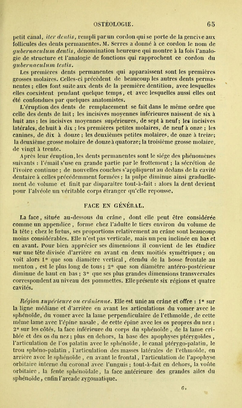 petit canal, iter étends, rempli par un cordon qui se porte de la gencive aux follicules des dents permanentes. M. Serres a donné à ce cordon le nom de gubernaculum dentis, dénomination heureuse qui montre à la fois l'analo- gie de structure et l'analogie de fonctions qui rapprochent ce cordon du gubernaculum testis. Les premières dents permanentes qui apparaissent sont les premières grosses molaires. Celles-ci précèdent de beaucoup les autres dents perma- nentes ; elles font suite aux dents de la première dentition, avec lesquelles elles coexistent pendant quelque temps, et avec lesquelles aussi elles ont été confondues par quelques anatomistes. L'éruption des dents de remplacement se fait dans le même ordre que celle des dents de lait ; les incisives moyennes inférieures naissent de six à huit ans; les incisives moyennes supérieures, de sept à neuf; les incisives latérales, de huit à dix ; les premières petites molaires, de neuf à onze ; les canines, de dix à douze ; les deuxièmes petites molaires, de onze à treize; la deuxième grosse molaire de douze à quatorze; la troisième grosse molaire, de vingt à trente. Après leur éruption, les dents permanentes sont le siège des phénomènes suivants : l'émail s'use en grande partie par le frottement ; la sécrétion de l'ivoire continue ; de nouvelles couches s'appliquent au dedans de la cavité dentaire à celles précédemment formées ; la pulpe diminue ainsi graduelle- ment de volume et finit par disparaître tout-à-fait : alors la dent devient pour l'alvéole un véritable corps étranger qu'elle repousse, FACE EN GÉNÉRAL. La face, située au-dessous du crâne, dont elle peut être considérée comme un appendice , forme chez l'adulte le tiers environ du volume de la tête ; chez le fœtus, ses proportions relativement au crâne sont beaucoup moins considérables. Elle n'est pas verticale, mais un peu inclinée en bas et en avant. Pour bien apprécier ses dimensions il convient de les étudier sur une tête divisée d'arrière en avant en deux moitiés symétriques ; on voit alors 1° que son diamètre vertical, étendu de la bosse frontale au menton , est le plus long de tous; 2° que son diamètre antéro-postérieur diminue de haut en bas ; 3° que ses plus grandes dimensions transversales correspondent au niveau des pommettes. Elle présente six régions et quatre cavités. Région supérieure ou crânienne. Elle est unie au crâne et offre : 1° sur la ligne médiane et d'arrière en avant les articulations du vomer avec le sphénoïde, du vomer avec la lame perpendiculaire de l'ethmoïde, de cette même lame avec l'épine nasale, de cette épine avec les os propres du nez ; 2° sur les côtés, la face inférieure du corps du sphénoïde , de la lame cri- blée et des os du nez; plus en dehors, la base des apophyses ptérygoïdes, l'articulation de l'os palatin avec le sphénoïde, le canal ptérygo-palatin, le trou sphéno-palatin , l'articulation des masses latérales de l'ethmoïde, en arrière avec le sphénoïde , en avant le frontal, l'articulation de l'apophyse orbitaire interne du coronal avec l'unguis ; tout-à-fait en dehors, la voûte orbitaire, la fente sphénoïdale, la face antérieure des grandes ailes du sphénoïde, enfin l'arcade zygomatique. 6,