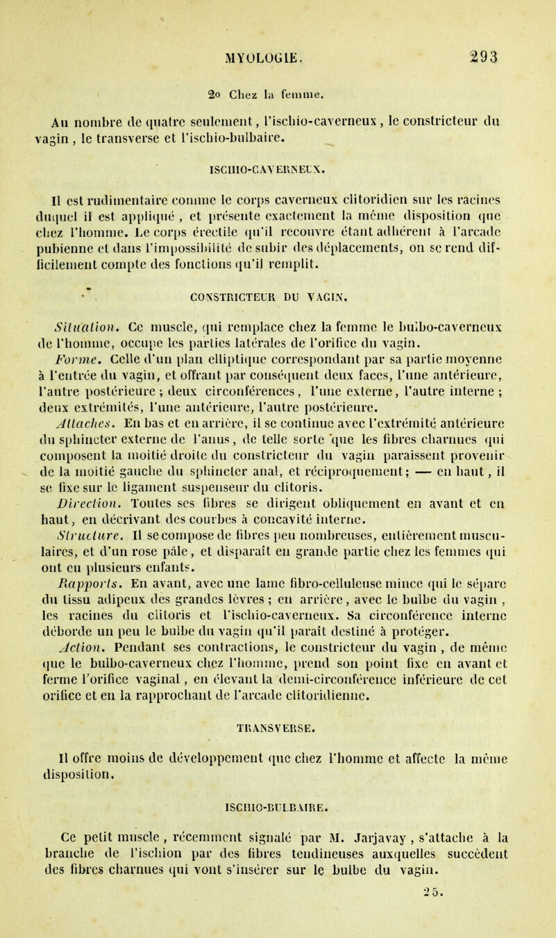 2o Chez la femme. Au nombre de quatre seulement, rischio-caverneux, le constricteur du vagin, le transverse et l'ischio-buibaire. ISCIIIO-CAYEUISELX. Il est rudimentaire comme le corps caverneux clitoridien sur les racines duquel il est appliqué , et présente exactement la même disposition que chez l'homme. Le corps érectile qu'il recouvre étant adhérent à l'arcade pubienne et dans l'impossibilité de subir des déplacements, on se rend dif- ficilement compte des fonctions qu'il remplit. CONSTRICTEUR DU VAGIN. Situation. Ce muscle, qui remplace chez la femme le bulbo-caverneux de l'homme, occupe les parties latérales de l'orifice du vagin. Forme. Celle d'un plan elliptique correspondant par sa partie moyenne à l'entrée du vagin, et offrant par conséquent deux faces, l'une antérieure, l'autre postérieure ; deux circonférences, l'une externe, l'autre interne ; deux extrémités, l'une antérieure, l'autre postérieure. Attaches. En bas et en arriére, il se continue avec l'extrémité antérieure du sphincter externe de l'anus, de telle sorte que les fibres charnues qui composent la moitié droite du constricteur du vagin paraissent provenir de la moitié gauche du sphincter anal, et réciproquement; — en haut, il se fixe sur le ligament suspenseur du clitoris. Direction. Toutes ses fibres se dirigent obliquement en avant et en haut, en décrivant des courbes à concavité interne. Structure. Il se compose de fibres peu nombreuses, entièrement muscu- laires, et d'un rose pâle, et disparaît en grande partie chez les femmes qui ont eu plusieurs enfants. Rapiwrts. En avant, avec une lame fibro-celluleuse mince qui le sépare du tissu adipeux des grandes lèvres ; en arrière, avec le bulbe du vagin . les racines du clitoris et l'ischio-caverneux. Sa circonférence interne déborde un peu le bulbe du vagin qu'il paraît destiné à protéger. Action. Pendant ses contractions, le constricteur du vagin , de même que le bulbo-caverneux chez l'homme, prend son point fixe en avant et ferme l'orifice vaginal, en élevant la demi-circonférence inférieure de cet orifice et en la rapprochant de l'arcade ciitoridienne. TRANSVERSE. Il offre moins de développement que chez l'homme et affecte la même disposition. ISCI110-BULBAIRE. Ce petit muscle , récemment signalé par M. Jarjavay , s'attache à la branche de l'ischion par des fibres tendineuses auxquelles succèdent des fibres charnues qui vont s'insérer sur le bulbe du vagin.