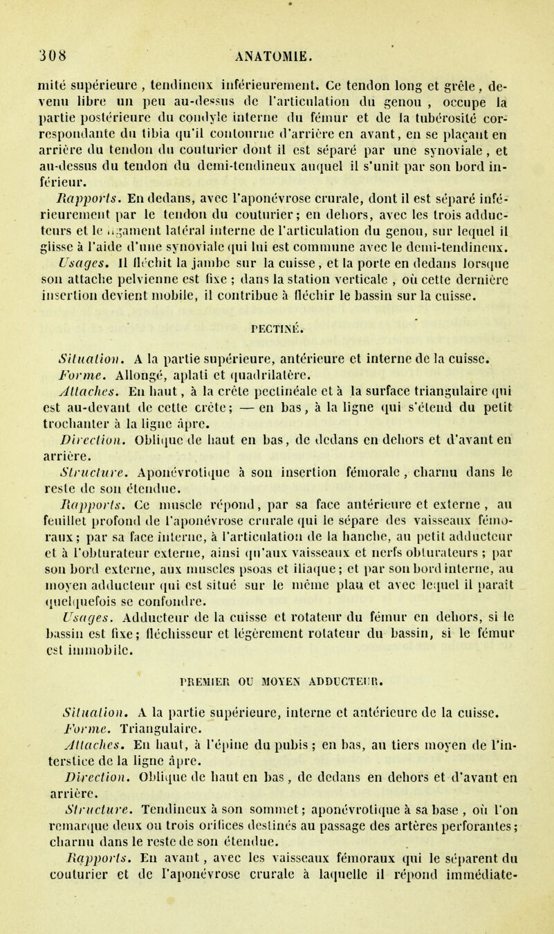 mité supérieure , tendineux inférieurement. Ce tendon long et grêle. de- venu libre un peu au-dessus de l'articulation du genou , occupe la partie postérieure du condyle interne du fémur et de la tubérosilé cor- respondante du tibia qu'il contourne d'arrière en avant, en se plaçant en arriére du tendon du couturier dont il est séparé par une synoviale , et au-dessus du tendon du demi-tendineux auquel il s'unit par son bord in- férieur. Rapports. En dedans, avec l'aponévrose crurale, dont il est séparé infé- rieurement par le tendon du couturier; en dehors, avec les trois adduc- teurs et le ligament latéral interne de l'articulation du genou, sur lequel il giisse à l'aide d'une synoviale qui lui est commune avec le demi-tendineux. Usages. Il lléchit la jambe sur la cuisse , et la porte en dedans lorsque son attache pelvienne est fixe ; dans la station verticale , où cette dernière insertion devient mobile, il contribue à fléchir le bassin sur la cuisse. PECTINE* Situation. A la partie supérieure, antérieure et interne de la cuisse. Forme. Allongé, aplati et quadrilatère. Attaches. Eu haut, à la crête pectinéale et à la surface triangulaire qui est au-devant de cette crête ; — en bas, à la ligne qui s'étend du petit trochanter à la ligne âpre. Direction. Oblique de haut en bas, de dedans en dehors et d'avant en arrière. Structure. Aponevrotique à son insertion fémorale, charnu dans le reste de son étendue. Rapports. Ce muscle répond, par sa face antérieure et externe , au feuillet profond de l'aponévrose crurale qui le sépare des vaisseaux fémo- raux; par sa face interne, à l'articulation de la hanche, au petit adducteur et à l'obturateur externe, ainsi qu'aux vaisseaux et nerfs obturateurs ; par son bord externe, aux muscles psoas et iliaque; et par son bord interne, au moyen adducteur qui est situé sur le même plan et avec lequel il paraît quelquefois se confondre. Usages. Adducteur de la cuisse et rotateur du fémur en dehors, si le bassin est fixe; fléchisseur et légèrement rotateur du bassin, si le fémur est immobile. PREMIER OU MOYEN ADDUCTEUR. Situation. A la partie supérieure, interne et antérieure de la cuisse. Forme. Triangulaire. Attaches. En haut, à l'épine du pubis ; en bas, au tiers moyen de l'in- terstice de la ligne âpre. Direction. Oblique de haut en bas, de dedans en dehors et d'avant en arrière. Structure. Tendineux à son sommet; aponévrolique à sa base , où l'on remarque deux ou trois orifices destinés au passage des artères perforantes; charnu dans le reste de son étendue. Rapports. En avant, avec les vaisseaux fémoraux qui le séparent du couturier et de l'aponévrose crurale à laquelle il répond immédiate-