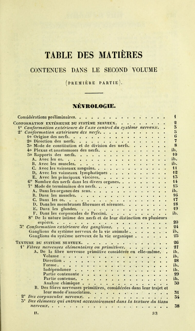 TABLE DES MATIÈRES CONTENUES DANS LE SECOND VOLUME (première partie). NÉCROLOGIE. Considérations préliminaires 4 Conformation extérieure du système nerveux 2 1° Conformation extérieure de l'axe central du système nerveux. . 3 2° Conformation extérieure des nerfs 5 lo Origine des nerfs. 6 2o Direction des nerfs 7 5° Mode de constitution et de division des nerfs 8 4o Plexus et anastomoses des nerfs ib. tio Rapports des nerfs 10 A. Avec les os ib. B. Avec les muscles ib. C. Avec les vaisseaux sanguins H D. Avec les vaisseaux lymphatiques 12 E. Avec les principaux viscères 15 6° Nombre des nerfs dans les divers organes 14 7° Mode de terminaison des nerfs. 15 A. Dans les organes des sens. ib. B. Dans les muscles . 16 C. Dans les os 17 D. Dans les membranes fibreuses et séreuses 18 E. Dans les glandes 19 F. Dans les corpuscules de Paccini ib. 8° De la nature intime des nerfs et de leur distinction en plusieurs espèces 20 5° Conformation extérieure des ganglions 24 Ganglions du système nerveux de la vie animale ib. Ganglions du système nerveux de la vie organique 25 Texture du système nerveux. 26 1° Fibres nerveuses élémentaires ou primitives 27 A. De la fibre nerveuse primitive considérée en elle-même. . ib. Volume ib. Direction 28 Forme ib. Indépendance ib. Partie contenante 29 Partie contenue ib. Analyse chimique 30 B. Des fibres nerveuses primitives, considérées dans leur trajet et leur mode d'association . .... 3t 2° Des corpuscules nerveux 54 5° Des éléments qui entrent accessoirement dans la texture du tissu nerveux 38 n. 3 3