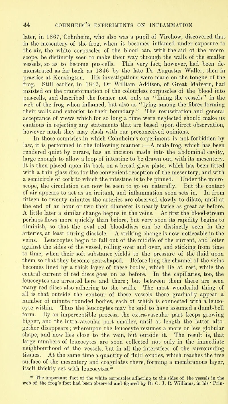 later, in 1867, Cohnlieim, who also was a pupil of Virchow, discovered that in the mesentery of the frog, when it becomes inflamed under exposure to the air, the white corpuscles of the blood can, with the aid of the micro- scope, be distinctly seen to make their way through the walls of the smaller vessels, so as to become pus-cells. This very fact, however, had been de- monstrated as far back as 1846 by the late Dr Augustus Waller, then in practice at Kensington. His investigations were made on the tongue of the frog. Still earlier, in 1843, Dr William Addison, of Great Malvern, had insisted on the transformation of the colourless corpuscles of the blood into 2Dus-cells, and described the former not only as  lining the vessels  in the web of the frog when inflamed, but also as lying among the fibres forming their walls and exterior to their boundary. The resuscitation and general acceptance of views which for so long a time were neglected should make us cautious in rejecting any statements that are based upon direct observation, however much they may clash with our preconceived opinions. In those countries in which Cohnheim's experiment is not forbidden by law, it is performed in the following manner :—A male frog, which has been rendered quiet by curare, has an incision made into the abdominal cavity, large enough to allow a loop of intestine to be drawn out, with its mesentery. It is then placed upon its back on a broad glass plate, which has been fitted with a thin glass disc for the convenient reception of the mesentery, and with a semicircle of cork to which the intestine is to be pinned. Under the micro- scope, the circulation can now be seen to go on naturally. But the contact of air appears to act as an irritant, and inflammation soon sets in. In from fifteen to twenty minutes the arteries are observed slowly to dilate, until at the end of an hour or two their diameter is nearly twice as great as before. A little later a similar change begins in the veins. At first the blood-stream perhaps flows more quickly than before, but very soon its rapidity begins to diminish, so that the oval red blood-discs can be distinctly seen in the arteries, at least during diastole. A striking change is now noticeable in the veins. Leucocytes begin to fall out of the middle of the current, and loiter against the sides of the vessel, rolling over and over, and sticking from time to time, when their soft substance yields to the pressure of the fluid upon them so that they become pear-shaped. Before long the channel of the veins becomes lined by a thick layer of these bodies, which lie at rest, while the central current of red discs goes on as before. In the capillaries, too, the leucocytes are arrested here and there; but between them there are seen many red discs also adhering to the walls. The most wonderful thing of all is that outside the contour of these vessels there gradually appear a number of minute rounded bodies, each of which is connected with a leuco- cyte within. Thus the leucocytes may be said to have assumed a dumb-bell form. By an imperceptible process, the extra-vascular part keeps growing bigger, and the intra-vascular part smaller, until at length the latter alto- gether disappears; whereupon the leucocyte resumes a more or less globular shape, and now lies close to the vein, but outside it. The result is, that large numbers of leucocytes are soon collected not only in the immediate neighbourhood of the vessels, but in all the interstices of the surrounding tissues. At the same time a quantity of fluid exudes, which reaches the free surface of the mesentery and coagulates there, forming a membranous layer, itself thickly set with leucocytes.* * The important fact of the white corpuscles adhering to the sides of the vessels in the web of the frog's foot had been observed and figured by Dr C. J. B. Williams, in his ' Prin-