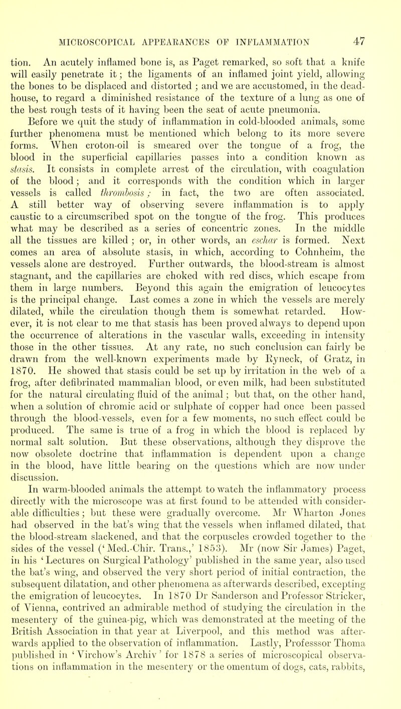 tion. An acutely inflamed bone is, as Paget remarked, so soft that a knife will easily penetrate it; the ligaments of an inflamed joint yield, allowing the bones to be displaced and distorted ; and we are accustomed, in the dead- house, to regard a diminished resistance of the texture of a lung as one of the best rough tests of it having been the seat of acute pneumonia. Before we quit the study of iriflammation in cold-blooded animals, some further phenomena must be mentioned which belong to its more severe forms. When croton-oil is smeared over the tongue of a frog, the blood in the superficial capillaries passes into a condition known as dadn. It consists in complete arrest of the circulation, with coagulation of the blood; and it corresponds with the condition which in larger vessels is called thrombosis ; in fact, the two are often associated. A still better way of observing severe inflammation is to apply caustic to a circumscribed spot on the tongue of the frog. This produces what may be described as a series of concentric zones. In the middle all the tissues are killed ; or, in other words, an eschar is formed. Next comes an area of absolute stasis, in which, according to Cohnheim, the vessels alone are destroyed. Further outwards, the blood-stream is almost stagnant, and the capillaries are choked with red discs, which escape from them in large numbers. Beyond this again the emigration of leucocytes is the principal change. Last comes a zone in which the vessels are merely dilated, while the circulation though them is somewhat retarded. How- ever, it is not clear to me that stasis has been proved always to depend upon the occurrence of alterations in the vascular walls, exceeding in intensity those in the other tissues. At any rate, no such conclusion can fairly be draAvn from the well-known experiments made by Ryneck, of Gratz, in 1870. He showed that stasis could be set up by irritation in the web of a frog, after defibrinated mammalian blood, or even milk, had been substituted for the natural circulating fluid of the animal ; but that, on the other hand, when a solution of chromic acid or sulphate of copper had once been passed through the blood-vessels, even for a few moments, no such effect could be produced. The same is true of a frog in which the blood is replaced by normal salt solution. But these observations, although they disprove the now obsolete doctrine that inflammation is dependent upon a change in the blood, have little bearing on the questions which are now under discussion. In warm-blooded animals the attempt to watch the inflammatory process directlj' with the microscope was at first found to be attended with consider- able difficulties ; but these were graduall}^ overcome. Mr Wharton Jones had observed in the Ijat's wing that the vessels when inflamed dilated, that the blood-stream slackened, and that the corpuscles crowded together to the sides of the vessel ('Med.-Chir. Trans.,' 1853). Mr (now Sir James) Paget, in his ' Lectures on Surgical Pathology' published in the same year, also used the bat's wing, and observed the very short period of initial contraction, the subsequent dilatation, and other phenomena as afterwards described, excepting the emigration of leucocytes. In 1870 Dr Sanderson and Professor Strieker, of Vienna, contrived an admirable method of studying the circulation in the mesentery of the guinea-pig, which was demonstrated at the meeting of the British Association in that year at Liverpool, and this method was after- wards applied to the observation of inflammation. Lastly, Professsor Thoma published in ' Virchow's Archiv' for 1878 a series of microscopical observa- tions on inflammation in the mesentery or the omentum of dogs, cats, rabbits,