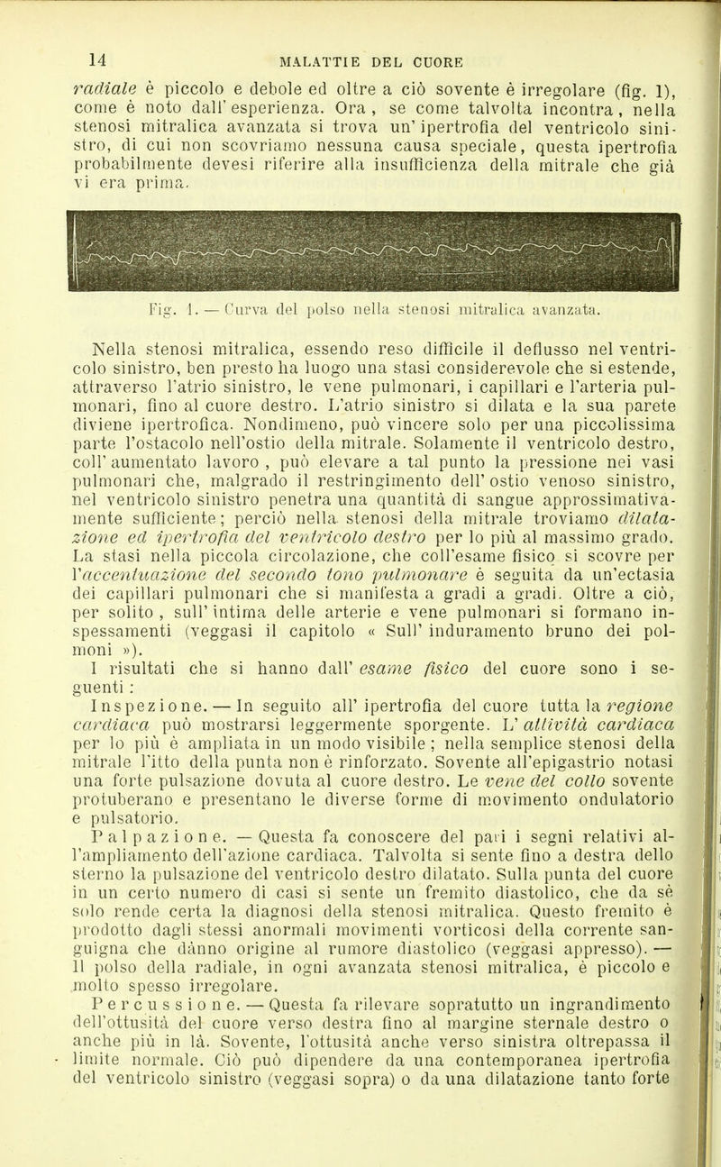 radiale è piccolo e debole ed oltre a ciò sovente è irregolare (fig. 1), come è noto dall'esperienza. Ora, se come talvolta incontra, nella stenosi mitralica avanzata si trova un'ipertrofia del ventricolo sini- stro, di cui non scovriamo nessuna causa speciale, questa ipertrofia probabilQiente devesi riferire alla insufficienza della mitrale che già vi era prima. Fig. 1. — Curva del polso nella stenosi mitralica avanzata. Nella stenosi mitralica, essendo reso diffìcile il deflusso nel ventri- colo sinistro, ben presto ha luogo una stasi considerevole che si estende, attraverso l'atrio sinistro, le vene pulmonari, i capillari e l'arteria pul- monari, fino al cuore destro. L'atrio sinistro si dilata e la sua parete diviene ipertrofica. Nondimeno, può vincere solo per una piccolissima parte l'ostacolo nell'ostio della mitrale. Solamente il ventricolo destro, coir aumentato lavoro, può elevare a tal punto la pressione nei vasi pulmonari che, malgrado il restringimento dell' ostio venoso sinistro, nel ventricolo sinistro penetra una quantità di sangue approssimativa- mente sufficiente ; perciò nella, stenosi della mitrale troviamo dilata- zione ed ipertrofia del ventricolo destro per lo più al massimo grado. La stasi nella piccola circolazione, che coH'esame fisico si scovre per Vaccentuazione del secondo tono pulmonare è seguita da un'ectasia dei capillari pulmonari che si manifesta a gradi a gradi. Oltre a ciò, per solito , suir intima delle arterie e vene pulmonari si formano in- spessamenti (veggasi il capitolo « Sull' induramento bruno dei pol- moni ))). I risultati che si hanno dall' esame fisico del cuore sono i se- guenti : Inspezione. — In seguito all'ipertrofia del cuore iwiiKVà regione cardiaca può mostrarsi leggermente sporgente. U attività cardiaca per lo più è ampliata in un modo visibile ; nella semplice stenosi della mitrale Pitto della punta non è rinforzato. Sovente all'epigastrio notasi una forte pulsazione dovuta al cuore destro. Le vene del collo sovente protuberano e presentano le diverse forme di m.ovimento ondulatorio e pulsatori0. Palpazione. — Questa fa conoscere del pati i segni relativi al- l'ampliamento dell'azione cardiaca. Talvolta si sente fino a destra dello sterno la pulsazione del ventricolo destro dilatato. Sulla punta del cuore in un certo numero di casi si sente un fremito diastolico, che da sè solo rende certa la diagnosi della stenosi mitralica. Questo fremito è prodotto dagli stessi anormali movimenti vorticosi della corrente san- guigna che danno origine al rumore diastolico (veggasi appresso). — 11 polso della radiale, in ogni avanzata stenosi mitralica, è piccolo e molto spesso irregolare. Percussione. — Questa fa rilevare sopratutto un ingrandimento dell'ottusità del cuore verso destra fino al margine sternale destro o anche più in là. Sovente, l'ottusità anche verso sinistra oltrepassa il limite normale. Ciò può dipendere da una contemporanea ipertrofia del ventricolo sinistro (veggasi sopra) o da una dilatazione tanto forte