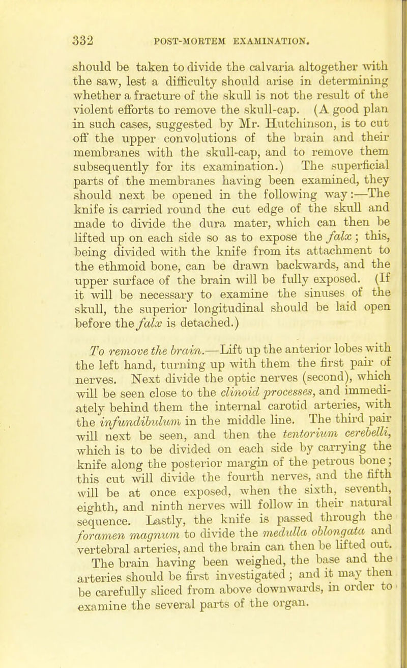 should be taken to divide the calvaria altogether with the saw, lest a difficulty should at-Lse in determining whether a fracture of the skuU is not the result of the violent effiarts to remove the skull-cap. (A good plan in such cases, suggested by Mr. Hutchinson, is to cut off the upper convolutions of the brain and their membranes with the skull-cap, and to remove them subsequently for its examination.) The superficial parts of the membranes ha\T.ng been examined, they should next be opened in the following way:—The knife is carried round the cut edge of the skull and made to divide the dura mater, which can then be lifted up on each side so as to expose the falx ; this, being divided with the knife from its attachment to the ethmoid bone, can be drawn backwards, and the upper surface of the brain will be fully exposed. (If it will be necessary to examine the sinuses of the skull, the superior longitudinal should be laid open before the falx is detached.) To remove the brain.—Lift up the anterior lobes with the left hand, turning up with them the first paii- of nerves. Next divide the optic nerves (second), which will be seen close to the clinoid processes, and immedi- ately behind them the internal carotid arteries, with the infuncUbulum in the middle line. The third paii' will next be seen, and then the tentorium cerebelli, which is to be divided on each side by carrying the knife along the posterior margin of the petrous bone; this cut will divide the fourth nerves, and the fifth will be at once exposed, when the sixth, seventh, eighth, and ninth nerves will follow in their natural sequence. Lastly, the knife is passed through the foramen magnitm to divide the medulla oblongata and vertebral arteries, and the brain can then be lifted out. The brain having been weighed, the base and the arteries should be first investigated ; and it may then be carefully sliced from above downwards, in order to examine the several parts of the organ.