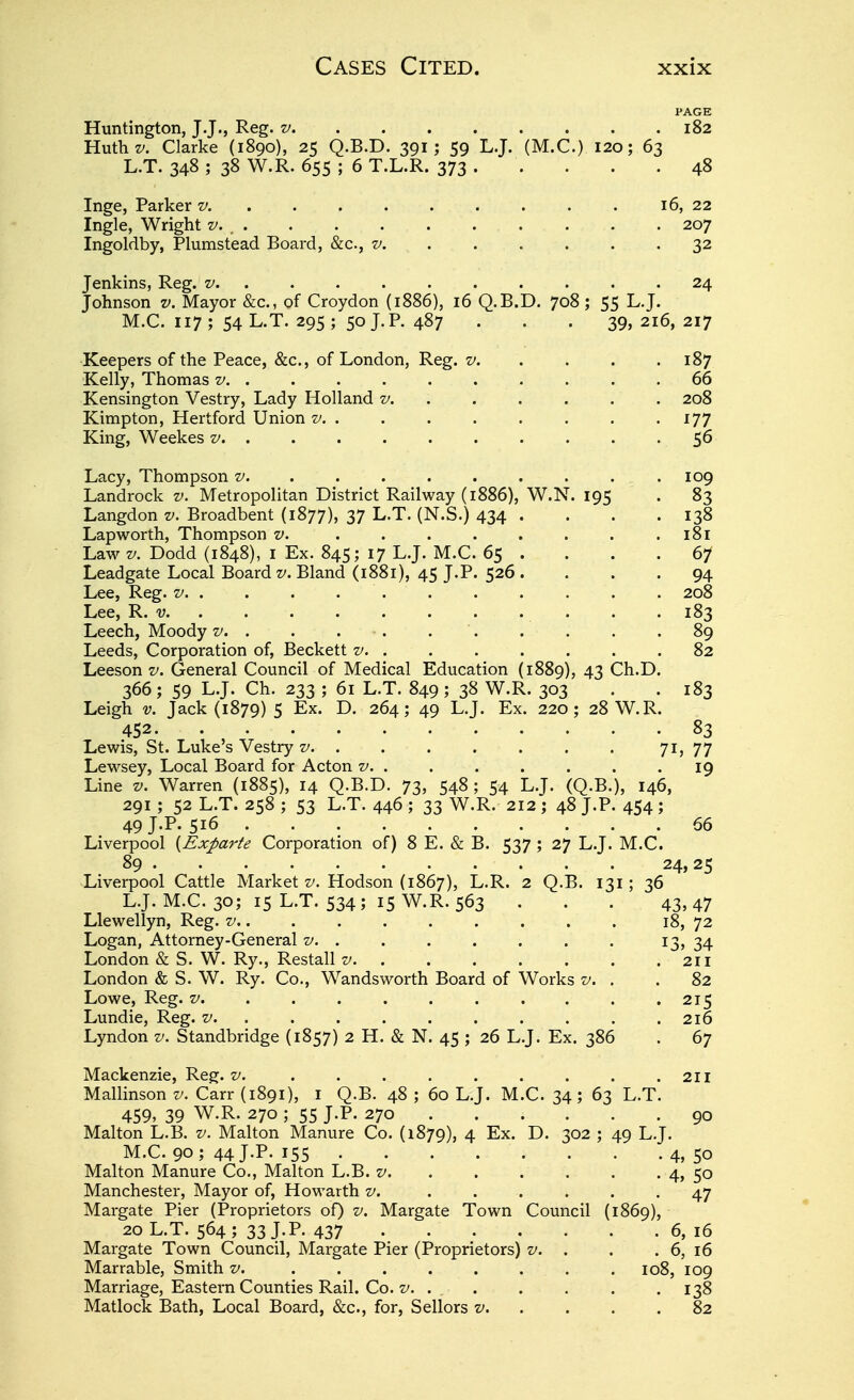 PAGE Huntington, J.J., Reg. v 182 Huth^/. Clarke (1890), 25 Q.B.D. 391; 59 LJ. (M.C.) 120; 63 L.T. 348 ; 38 W.R. 655 ; 6 T.L.R. 373 48 Inge, Parker z/. ........ . 16, 22 Ingle, Wright v. _ . . . 207 Ingoldby, Plumstead Board, &c., v. 32 Jenkins, Reg. v 24 Johnson v. Mayor &c., of Croydon (1886), 16 Q.B.D. 708; 55 LJ. M.C. 117; 54 L.T. 295 ; 50 J. P. 487 . . . 39,216,217 Keepers of the Peace, &c., of London, Reg. v 187 Kelly, Thomas z/. .......... 66 Kensington Vestry, Lady Holland v 208 Kimpton, Hertford Union v 177 King, Weekes v, . . . . . . . . . . 56 Lacy, Thompson v 109 Landrock v. Metropolitan District Railway (1886), W.N. 195 . 83 Langdon v. Broadbent {1877), 37 L.T. (N.S.) 434 . . . . 138 Lapworth, Thompson v. . . . . . . . .181 Law V. Dodd (1848), i Ex. 845; 17 L.J. M.C. 65 . . . .67 Leadgate Local Board z/. Bland (1881), 45 J.P. 526 . ... 94 Lee, Reg. v. . . . . . . . . . . . 208 Lee, R. V . . 183 Leech, Moody v. . . . . 89 Leeds, Corporation of, Beckett v 82 Leeson v. General Council of Medical Education (1889), 43 Ch.D. 366; 59 LJ- Ch. 233 ; 61 L.T. 849; 38 W.R. 303 . .183 Leigh V. Jack (1879) 5 Ex. D. 264; 49 L.J. Ex. 220; 28 W.R. 452 83 Lev/is, St. Luke's Vestry v 71? 77 Lewsey, Local Board for Acton v. . . . . . . .19 Line v. Warren (1885), 14 Q.B.D. 73, 548 ; 54 L.J. (Q.B.), 146, 291 ; 52 L.T. 258 ; 53 L.T. 446 ; 33 W.R. 212 ; 48 J.P. 454 ; 49J.P-5I6 66 Liverpool i^Exparte Corporation of) 8 E. & B. 537 ; 27 L.J. M.C. 89 24,25 Liverpool Cattle Market v. Hodson (1867), L.R. 2 Q.B. 131; 36 L.J. M.C. 30; 15 L.T. 534 ; 15 W.R. 563 .. . 43, 47 Llewellyn, Reg. v 18, 72 Logan, Attorney-General v. . . . . . . . I3> 34 London & S. W. Ry., Restall v 211 London & S. W. Ry. Co., Wandsworth Board of Works z>. . .82 Lowe, Reg. v. ......... . 215 Lundie, Reg. v 216 Lyndon v. Standbridge (1857) 2 H. & N. 45 ; 26 L.J. Ex. 386 . 67 Mackenzie, Reg. 27. 211 Mallinson v. Carr (1891), i Q.B. 48 ; 60 L.J. M.C. 34; 63 L.T. 459, 39 W.R. 270 ; 55 J.P. 270 90 Malton L.B. v. Malton Manure Co. (1879), 4 Ex. D. 302 ; 49 L.J. M.C. 90; 44J-P. 155 4, 50 Malton Manure Co., Malton L.B. v 4> 50 Manchester, Mayor of, Howarth v. ...... 47 Margate Pier (Proprietors oO Margate Town Council {1869), 20 L.T. 564; 33 J.P. 437 6, 16 Margate Town Council, Margate Pier (Proprietors) v. . . . 6, 16 Marrable, Smith v. ........ 108, 109 Marriage, Eastern Counties Rail. Co. v 138 Matlock Bath, Local Board, &c., for, Sellors v 82