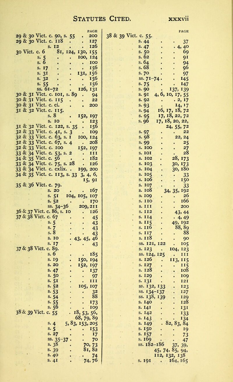 18 JO ViVt r CC PAGE 29 & 30 Vict. c. 118 . . 127 ^7 * • 0/ S. 12 . . 126 s. 4.7 60 30 Vict. c. 6 81, 124, 130, 155 s. 50 s. 5 . . 100, 124 s. 62 01 • • y X s. 6 • . . 100 s. 64 OA ». 1/ . . , ±^\J s. 68 q6 «; 7T TIT T Cfi «; 7o Q7 y/ SS. 71— 7A• . IAC S. 7C . . Id7 ss. 61-72 . 126, 131 s. 90 10 & 21 Vict C. lOT S. 8q OA S. QI a. yx A. 6. 10 17. CC l\y \Ij l\Jy X/, ^3 30 & 31 Vict. c. 115 . . 22 S. 02 . 2. 17 20 '2T Virt r ri ^nn »• yi TA 1 7 31 & 32 Vict. c. 115. b. y4 Tfi T7 t8 79 IKJy 1/y lO, «; 8 . T C2 TO*? S OC »• yj T7 18- 22 72 X g y X \Jy g £t s. 10 • * 123 s. 96 17 18 20 22 X J y XKJy ^\Jy ^^y 11 St 11 Virl r T99 «: 2C tcfi 2/! CC 72 ^2 Sf 11 Virf r /I T «; 2 Tno <; 07 a. y/ 22 22 & 11 Virt c 6'3 S I TOO T2A 12 & 11 Vict. c. 67. s A 208 s. 98 . 22, 24 s. 00 a. yy 2C 12 & Vict. C. 100 IK2. 107 s. 100 27 & Izl Vict. C. C'?. 2 . ITT S. lOI 28 & I; Vict. c. 1^6 . . 182 s. 102 28. 17? & 24. Vict. c. 7;. s. 28 .126 s. 103 ■^O, 17^ 33 & 34 Vict. c. cxlix. . 199, 200 s. 104 30, 180 ^4. & ^i Vict. c. ii'^. s. A. 6. s. 105 • • Oj s. 106 T cr» 150 ■2C ^ 'id Vfrf- r 7o V*. TILL. /y. s. 107 •66 s. 20 . . 167 s. 108 lA. ^C. 102 OH-) Jji '■^^ <; CT TO/1 TOC Tn7 s. 109 26 s. 52 . . 170 s. 110 '. 166 SS. 'ZA—'Z6 200.211 ot* j *'^yj S. 111 200 36 & 37 Vict. c. 86, s. 10 .126 S. 112 A?. AA 27 8r lk Virt r fi7 /i C s. 114 . 4, 49 S. . . d1 s. 115 AO. 102 S. 7 . . A1 s. 116 88, 89 s. 117 88 S. 10 . A1 AC. a6 s. 118 QO s. 17 . . 43 SS. 121 y 122 . 105 37 & 38 Vict. c. 89. s. 123 lOA, 121 s. 6 . . 185 SS. 124 ,125 . Ill S. 10 . 110. IQA s. 126 III. lie S. 20 . T C2 T07 s. 127 T T C S. d7 . .1^7 s. 128 . 108 s. 10 . 07 s. 129 . 109 s. 51 • • III s. 131 . 121 S. '\2 . IOC. I07 ss. 132 , 133 . 123 S. 1^ . 12 ^' JO • 3^ ss. 134 -137 . 127 s. 54 . . 88 SS. 138, 139 . 129 S. . . 17^ s. 140 . 128 s. 56 . . 109 s. 141 . 131 '^8 & ^oVict c cc 18 c^ c6 s. 142 • 133 68, 70, 80 '^j /y» y s. 143 . . 134 s. 4 c, 8?. ic?. 20c s. 149 . 82, 83, 84 S. C . . IC? s. 150 . 19 s. 27 . . 17 s. 157 • 73 SS. 35-37. . 70 s. 169 oV • 47 s. 38 . 70, 73 ss. 182- -186 37, 39, s. 39 . 81,82 45. 74, 85, 94, 112, 132, 138 • s. 40 . . 74