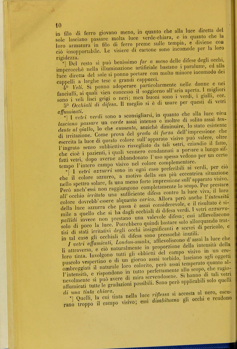 in filo di ferro giovano meno, in quanto che alla luce diretta del sole lasciano passare molta luce verde-chiara, e in quanto cheJu loro armatura in filo di ferro preme sulle tempia, e diviene eoa ciò insopportabile. Le visiere di cartone sono incomode per la loro Dot resto si può benissimo far a meno delle difese degli occhi, imperocché nella illuminazione artificiale bastano i para um-, ed a la dhelta del sole si ponno portare con molto minore Uicomodo dei caoDeUi a larghe tese e granai cappucci. % Veli Si ponno adoperare particolarmente nelle donne e ne. fanciulli ai quali vien concesso il soggiorno all'aria aperta. 1 migliori fono vel lisci grigi o neri; men buoni sono i verd., i gialli, ecc. To OcchiTdi^äAfesa. Il meglio si è di usare per questi di vetri ^TtfXi verdi sono a sconsigliarsi, in quanto che alla luce vwa lascimo Tassare un verde assai intenso e inoltre di solito assa, fen- d:::Z giallo, lo che aumenta, anziché f^!^^;;^^ A\ irritazione Come prova del grado di forza dell impiessione uie e e d T^^^^^^^ ««^«^^ sull'apparato visivo può valere oltre nng ato senso subbiettivo risvegliato da tal. vetri, eziandio .1 fatto 2. ZI i mzienti i quali vennero condannali a ponare a lungo s.f- atü et i d'opTavernl abbandonato l'uso spesso vedono per un certo pmno 'in e.'o campo visivo nel colore complementare. \ \^^ri azZri sono in ogni caso preferibili a. verd., per co 1 vetri azzw ri soo ' ^ J eccentrica situazione 1 attraversa, e ciò naluraimenie ui p i loro ùnu. 'volgono .uu, 6 . .. b,e» Jd^^c^^^^^^^^ , puscolo vespeiuno o di un 8'°™'''°';?'™^ Lbrcggiali il naturale loro <^^-' ,„ scopo, el.c rafio- l-inlensilà, e rispondono n '^ f gi hanno di lalì velri di una ',<^/«ara ^^^^^^^ nero, oscu- r2 ^Ji il :»'4ö viSt S äLu,.ano gli occhi e rendono