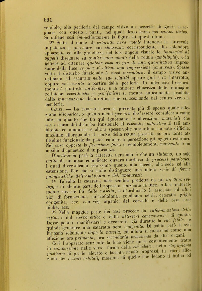 vendolo, alla periferia del campo visivo un pezzetto di gesso, e se- gnare con questo i punti, nei quali desso entra nel campo visivo. Si ottiene cosi immediatamente la figura di quest'ultimo. 2° Sotto il nome di cataratta nera totale intendesi la durevole impotenza a percepire con chiarezza corrispondente allo splendore apparente ed alla grandezza del loro angolo visuale le immagini di oggetti disegnate su qualsivoglia punto della retina {amblioma), o in genere ad ottenere qualche cosa di più di una quantitativa impres- sione della luce, se pure si ottiene una impressione {amaurosi). Spesse volte il disturbo funzionale è assai irregolare; il campo visivo an- nebbiato od oscurato nella sua totalità appare quà e là iijterrotto, oppure circoscritto a partire dalla periferia. In altri casi l'oscura- mento è piuttosto uniforme, e la minore chiarezza delle immagini retiniche eccentriche e periferiche si mostra unicamente prodotta dalla innervazione delia retina, che va scemando dal centro verso la periferia. Cause. — La cataratta nera si presenta più di spesso quale affe- zione idiopatica, o quanto menò per ora dev'essere considerata come tale, in quanto che fin qui ignoriamo le alterazioiii materiali che sono causa del disturbo funzionale. Il riscontro obbiettivo di tali am- bliopie ed amaurosi è allora spesse volte straordinariamente difficile, massime allorquando il centro della retina possiede ancora tanta at- titudine funzionale da poter ridurre a percezione gli oggetti esteriori. Nel caso opposto la fissazione falsa o completamente mancante è un ausilio diagnostico d'importanza. D'ordinario però la cataratta nera non è che un sintomo, un solo tratto di un assai complicato quadro morboso di processi patologici, i quali diversificano assaissimo quanto alla specie, alla sede ed alla estensione. Per ciò si suole distinguere una intera serie di forme patogenetiche dell' ambliopia e dell'amaurosi: 10 Talvolta la cataratta nera sembra prodotta da un difettoso svi- luppo di alcune parti dell'apparato senziente la luce. Allora natural- mente sussiste fin dalla nascita, e d'ordinario è associala ad altri vizi di formazione, microflalmia, coloboma ocuh, cataratta grigia congenita, ecc., con vizj organici del cervello e delle ossa cra- niche, ecc. , , . ^ • ■ ^„ìi„ V Nella maggior parte dei casi procede da infiammazioni delia retina o del nervo ottico e dalle ulteriori conse<juenze di queste. Desse ponno manifestarsi e decorrere già durante la vita /e^'e e quindi generare una cataratta nera congenita. Di solito pero si su- luppano solamente dopo la nascita, ed allora si mostrano ^ome m^ aflezione ora primaria, ora secondaria procedente da «'i ^[f  ; Così l'apparato senziente la luce viene ,' , in compassione nelle varie forme della coroideitc, nello stnphyloim posticum di grado elevato e facente rapidi progressi, m a»^ zioni dei tesati orbitali, massime di quelle che ledono il bulbo od