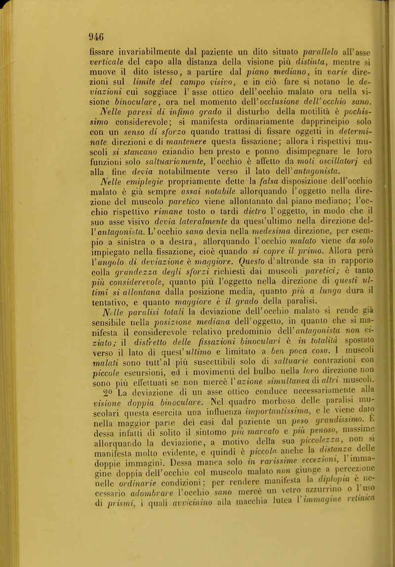 fissare invariabilmente dal paziente un dito situato parallelo all'asse verticale del capo alla distanza della visione più distinta, mentre si muove il dito istesso, a partire dal piano mediano, in varie dire- zioni sul limite del campo visivo, e in ciò fare si notano le de- viazioni cui soggiace 1' asse ottico dell'occhio malato ora nella vi- sione binoculare, ora nel momento deWocclusione dell'occhio sano. Nelle paresi di infimo grado il disturbo della motilità è pochis- simo considerevole; si manifesta ordinariamente dapprincipio solo con un senso di sforzo quando trattasi di fissare oggetti in determi- nate direzioni e di manfenere questa fissazione; allora i rispettivi mu- scoli si stancano eziandio ben presto e ponno disimpegnare le loro funzioni solo saltuariamente, l'occhio è afletlo da moti oscillatori ed alla fine devia notabilmente verso il lato àeWantagonista. Nelle emiplegie propriamente dette la /a/sa disposizione dell'occhio malato è già sempre assai notabile allorquando l'oggetto nella dire- zione del muscolo paretico viene allontanato dal piano mediano; l'oc- chio rispettivo rimane tosto o tardi dietro l'oggetto, in modo che il suo asse visivo devia lateralmente da quest'ultimo nella direzione del- l' antagonista. L'occhio sano devia nella medesima direzione, per esem- pio a sinistra o a destra, allorquando l'occhio malato viene da solo impiegato nella fissazione, cioè quando si copre il primo. Allora però Vangalo di deviazione è maggiore. Questo d'altronde sta in rapporto colla grandezza degli sforzi richiesti dai muscoli paretici; è tanto più considerevole, quanto più l'oggetto nella direzione di questi ul- timi si allontana dalla posizione media, quanto più a lungo dura il tentativo, e quanto maggiore è il grado della paralisi. Nelle paralisi totali la deviazione dell'occhio malato si rende già sensibile nella posizione mediana dell'oggetto, in quanto che si ma- nifesta il considerevole relativo predominio ddVantagonista non vi- ziato; il distretto delle fissazioni binoculari è in totalità spostalo verso il lato di quesC ultimo e limitato a ben poca cosa. I muscoli malati sono lutt'al più suscettibili solo di saltuarie contrazioni con piccole escursioni, ed i movimenti del bulbo nella loro direzione non sono più elTettuali se non mercè V azione simultanea dì altri muscoli. 20 La deviazione di un asse ottico conduce necessariamente alla visione doppia binoculare. Nel quadro morboso delle paralisi mu- scolari questa esercita una inlluenza importantissima, e le viene dato nella maggior pane dei casi dal paziente un peso grandissimo, b dessa infatti di solito il sintomo più marcato e più penoso, massime allorquando la deviazione, a motivo della sua piccolezza, non si manifesta mollo evidente, e quindi è piccola anche la distonza delie doppie immagini. Dessa manca solo in rarissime eccezioni, 1 imma- gine doppia dell'occhio col muscolo malato non giunge a percezione nelle ordinarie condizioni; per rendere manifesta la diplopia t ne- cessario adombrare l'occhio sano mercé un vciro a/.zurrmo o I liso di prismi, i quali avvicinino alla macchia lutea 1 immagine relimca