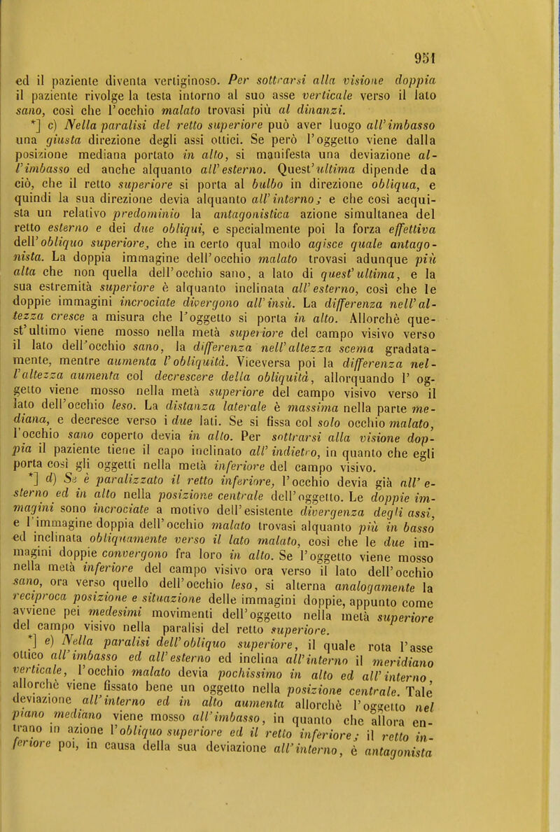 ed il paziente diventa vertiginoso. Per sottrarsi alla visione doppia il paziente rivolge la testa intorno al suo asse verticale verso il lato sano, così che l'occhio malato trovasi più al dinanzi. *] c) Nella paralisi del inetto superiore può aver luogo all'imbasso una giusta direzione degli assi ottici. Se però l'oggetto viene dalla posizione mediana portato in alto, si manifesta una deviazione al- l'imbasso ed anche alquanto all'esterno. Quest'ultima dipende da ciò, che il retto superiore si porta al bulbo in direzione obliqua, e quindi la sua direzione devia alquanto all'interno j e che così acqui- sta un relativo predominio la antagonistica azione simultanea del retto esterno e dei due obliqui, e specialmente poi la forza effettiva dell'obliquo superiore,, che in certo qual modo agisce quale antago- nista. La doppia immagine dell'occhio malato trovasi adunque piìi alta che non quella dell'occhio sano, a lato di guest' ultima, e la sua estremità superiore è alquanto inclinata all'esterno, così che le doppie immagini incrociate divergono all'insù. La differenza nell'al- tezza cresce a misura che l'oggetto si porta in alto. Allorché que- st'ultimo viene mosso nella metà supeìiore del campo visivo verso il lato dell'occhio sano, la differenza nell'altezza scema gradata- mente, mentre aumenta l'obliquità. Viceversa poi la differenza nel- l'altezza aumenta col decrescere della obliquità, allorquando 1' og- getto viene mosso nella metà superiore del campo visivo verso il lato dell'occhio leso. La distanza laterale è massima nella parte me- diana, e decresce verso i due lati. Se si fìssa col solo occhio malato, l'occhio sano coperto devia in alto. Per sottrarsi alla visione dop- pia il paziente tiene il capo inclinato all' indietro, in quanto che egli porta cosi gli oggetti nella metà inferiore del campo visivo. *] d) Sii è paralizzato il retto inferiore, l'occhio devia già all'e- sterno ed in alto nella posizione centrale dell'oggetto. Le doppie im- magmi sono incrociate a motivo dell'esistente dioergenza degli assi, e l'immagine doppia dell'occhio malato trovasi alquanto più in basso ed inclmata obliquamente verso il lato malato, cosi che le due im- magini doppie convergono fra loro in alto. Se l'oggetto viene mosso nella metà inferiore del campo visivo ora verso il lato dell'occhio sano, ora verso quello dell'occhio leso, si alterna analogamente la reciproca posizione e situazione delle immagini doppie, appunto come avviene pei medesimi movimenti dell'oggetto nella metà superiore del^ campo visivo nella paralisi del retto superiore. *] e) Nella paralisi dell'obliquo superiore, il quale rota l'asse ottico all'imbasso ed all'esterno ed inclina all'interno il meridiano verticale, l'occhio malato devia pochissimo in alto ed all'interno allorché viene fissato bene un oggetto nella posizione centrale. Tale deviazione all'interno ed in alto aumenta allorché l'offsetto nel piano mediano viene mosso all'imbasso, in quanto che allora en- trano in azione Vobliquo superiore ed il retto inferiore j il retto in- feriore poi, in causa della sua deviazione all'interno, è antagonista