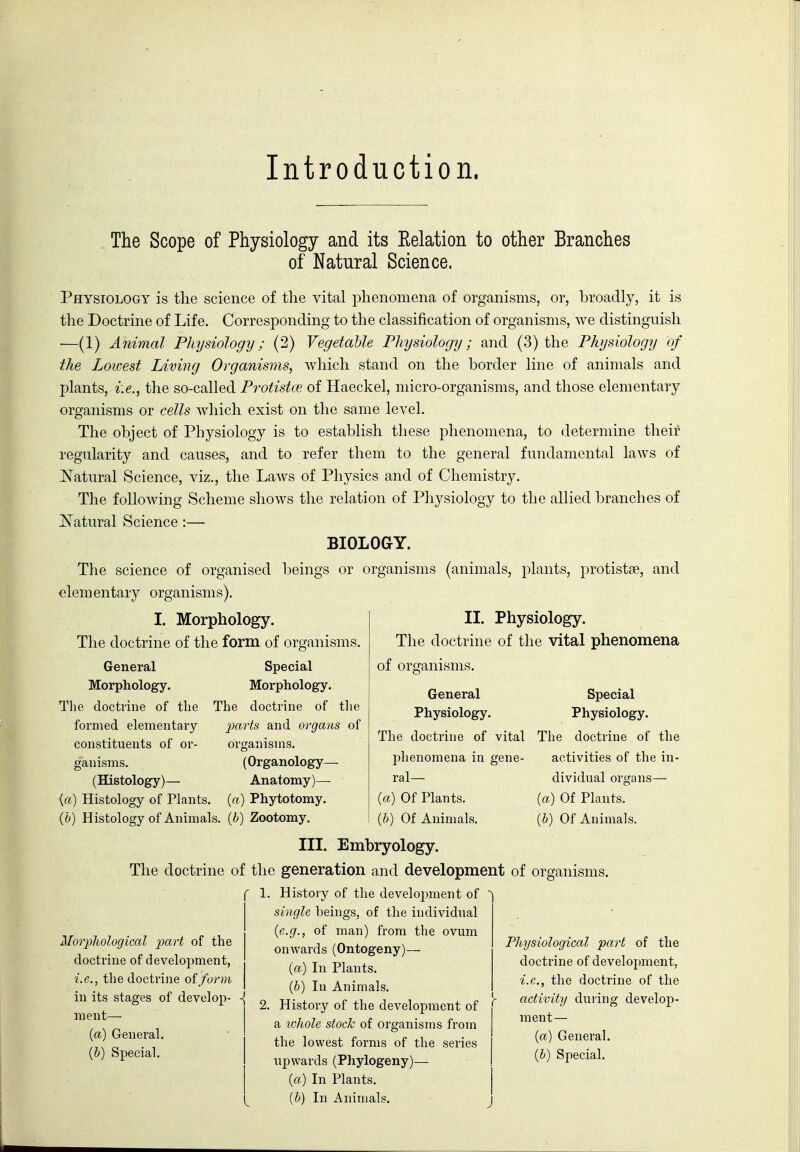 Introduction. The Scope of Physiology and its Relation to other Branches of Natural Science. Physiology is the science of the vital phenomena of organisms, or, broadly, it is the Doctrine of Life. Corresponding to the classification of organisms, we distinguish —(1) Animal Phijsiology; (2) Vegetable Physiology; and (3) the Physiology of the Lowest Living Organisms, which stand on the border line of animals and plants, i.e., the so-called Protistce of Haeckel, micro-organisms, and those elementary organisms or cells which exist on the same level. The object of Physiology is to establish these phenomena, to determine their regularity and causes, and to refer them to the general fundamental laws of K'atural Science, viz., the Laws of Physics and of Chemistry. The following Scheme shows the relation of Physiology to the allied branches of ]!^atural Science :— BIOLOGY. The science of organised beings or organisms (animals, plants, protistse, and elementary organisms). II. Physiology. The doctrine of the vital phenomena I. Morphology. The doctrine of the form of organisms. General Special Morphology. Morphology. Tlie doctrine of tlie The doctrine of tlie formed elementary jjarts and organs of constituents of or- organisms. ganisms. (Organology— (Histology)— Anatomy)— (a) Histology of Plants, {a) Phytotomy. (6) Histology of Animals, {b) Zootomy. III. Embryology. The doctrine of the generation and development of organisms. of organisms. General Physiology. The doctrine of vital phenomena in gene- ral— (a) Of Plants. {h) Of Animals. Special Physiology. The doctrine of the activities of the in- dividual organs— {a) Of Plants. {b) Of Animals. Morpliological imrt of the doctrine of development, i.e., the doctrine of form in its stages of develop- ment— {a) General. (6) Special. ( 1. History of the development of ^ I single beings, of the individual {e.g., of man) from the ovum onwards (Ontogeny)— {a) In Plants. 1 (6) In Animals. 2. History of the development of a whole stock of organisms from the lowest forms of the series upwards (Phylogeny)— (a) In Plants. (])) In Animals. Physiological part of the doctrine of development, i.e., the doctrine of the )- activity during develop- ment— {a) General. {b) Special.