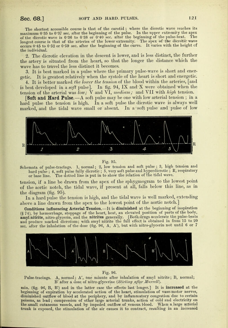 The shortest accessible course is that of the carotid ; Avhere the dicrotic wave reaches its maximum 0-35 to 0-37 sec. after the beginning of the pulse. In the upper extremity the apex of the dicrotic wave is 0-36 to 0-38 or 0-40 sec. after the beginning of the pulse-beat. The longest course is that of the arteries of the lower extremity. The apex of-the dicrdtic wa^ve occurs 0-45 to 0-52 or 0-59 sec. after the beginning of the curve. It varies with the height of the individual. 2. The dicrotic elevation in the descent is lower, and is less distinct, the further the artery is situated from the heart, so that the longer the distance which the wave has to travel the less distinct it becomes. 3. It is best marked in a pulse where the primary pulse-wave is short and ener- getic. It is greatest relatively when the systole of the heart is short and energetic. 4. It is better marked the lower the tension of the blood within the arteries, [and is best developed in a soft pulse]. In fig. 94, IX and X were obtained when the tension of the arterial was loio; V and VI, medium; and VII with high tension. [Soft and Hard Pulse.—A soft pulse may be one with low arterial tension ; in a hard pulse the tension is high. In a soft pulse the dicrotic wave is always well marked, and the tidal wave small or absent. In a soft^Dulse and pulse of low Fig. 95. Schemata of pulse-tracings. 1, normal; 2, low tension and soft pulse; 3, high tension and hard pulse ; 4, soft pulse fully dicrotic ; f^., very soft pulse and hyperdicrotic ; K, respiratory or base line. Tiie dotted line is put in to show the relation of the tidal wave. tension, if a line be drawn from the apex of the sphygmogram to the lowest point of the aortic notch, the tidal wave, if present at all, falls below this line, as in the diagram (fig. 95). In a hard pulse the tension is high, and the tidal wave is well marked, extending above a line drawn from the apex to the lowest point of the aortic notch.] Conditions influencing Arterial Tension.—It is diminished at the beginning of inspiration (§ 74), by haemorrhage, stoppage of the heart, heat, an elevated position of parts of the body, amyl nitrite, nitro-glycerin, and the nitrites generally. [Both drugs accelerate the pulse-beats and produce marked dicrotism; with amyl nitrite the full effect is obtained in from 15 to 20 sec. after the inhalation of the dose (fig. 96, A, A'), but with nitro-glycerin not until 6 or 7 Fig. 96. Pulse-tracings. A, normal; A', 'one minute after inhalation of amyl nitrite; B, normal; B' after a dose of nitro-glycerine {Stirling oftßr Murr ell). min. (fig. 96, B, B') and in the latter case the effects last longer.] It is increased at the beginning of expiration by accelerated action of the heart, stimulation of vaso-motor nerves, diminished outflow of blood at the periphery, and by inflammatory congestion due to certain poisons, as lead ; compression of other large arterial trunks, action of cold and electricity on the.smaH cutaneous vessels, and by impeded outflow-of venoua blood. When a large arterial trunk is exposed, the stimulation of the air causes it to contract, resulting in an increased