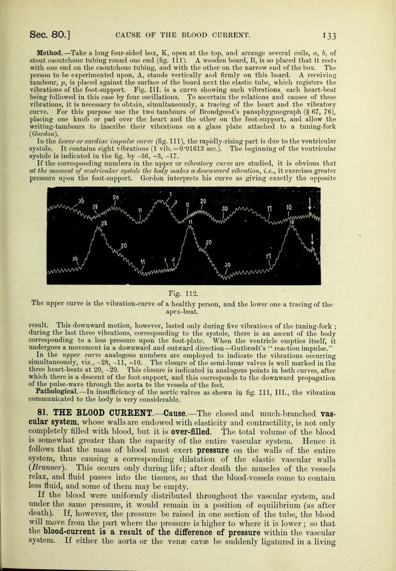 Method.—Take a long four-sided box, K, open at the top, and arrange several coils, a, b, of stout caoutchouc tubing round one end (fig. 111). A wooden board, B, is so placed that it rests with one end on the caoutchouc tubing, and with the other on the narrow end of the box. The person to be experimented upon, A, stands vertically and firmly on this board. A receiving tambour, p, is placed against the surface of the board next the elastic tube, which registers the vibrations of the foot-support. Fig. III. is a curve showing such vibrations, each heart-beat being followed in this case by four oscillations. To ascertain the relations and causes of these vibrations, it is necessary to obtain, simultaneously, a tracing of the heart and the vibratory curve. For this purpose use the two tambours of Brondgeest's panspliygmograph (§ 67, 76), placing one knob or pad over the heart and the other on the foot-support, and allow the writing-tambours to inscribe their vibrations on a glass plate attached to a tuning-fork {Go7rlon). In the lower or cardiac im'pulse curve (fig. Ill), the rapidly-rising part is due to the ventricular systole. It contains eight vibrations (1 vib. =0'01613 sec). The beginning of the ventricular systole is indicated in the fig. by -36, -3, -17. If the corresponding numbers in the upper or vibratory curve are studied, it is obvious that at the moment of ventricular systole the body makes a downward vibration, i.e., it exercises greater pressure upon the foot-support. Gordon interprets his curve as giving exactly the opposite 20 A n 30 \r Fig. 112. The upper curve is the vibration-curve of a healthy person, and the lower one a tracing of the apex-beat. result. This downward motion, however, lasted only during five vibrations of the tuning-fork ; during the last three vibrations, corresponding to the systole, there is an ascent of the body corresponding to a less pressure upon the foot-plate. When the ventricle empties itself, it undergoes a movement in a downward and outv\'ard direction—Gutbrodt's reaction impulse. ^ In the upper curve analogous numbers are employed to indicate the vibrations occurring simultaneously, viz., -28, -11, -10. The closure of the semi-lunar valves is well marked in the three heart-beats at 20, -20. This closure is indicated in analogous points in both curves, after which there is a descent Of the foot-support, and this corresponds to the downward propagation of the pulse-wave through the aorta to the vessels of the feet. Pathological.—In insufiaciency of the aortic valves as shown in fig. Ill, III., the vibration communicated to the body is very considerable. 81. THE BLOOD CURRENT.—Cause.—The closed and much-branched vas- cular system, whose walls are endowed with elasticity and contractility, is not only completely filled with blood, but it is over-filled. The total volume of the blood is somewhat greater than the capacity of the entire vascular system. Hence it follows that the mass of blood must exert pressure on the walls of the entire system, thus causing a corresponding dilatation of the elastic vascular walls {Brunner). This occurs only during life; after death the muscles of the vessels relax, and fluid passes into the tissues, so that the blood-vessels come to contain less fluid, and some of them may be empty. If the blood were uniformly distributed throughout the vascular system, and under the same pressure, it would remain in a position of equilibrium (as after death). If, however, the pressure be raised in one section of the tube, the blood will move from the part where the pressure is higher to where it is lower; so that the blood-current is a result of the difference of pressure within the vascular system. If either the aorta or the vense cavse be suddenly ligatured in a living