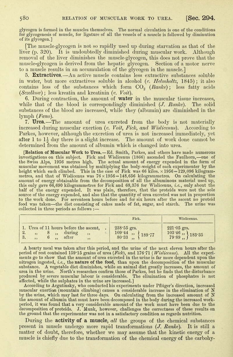 glycogen is formed in the muscles themselves. The normal circulation is one of the conditions for glyoogenesis of muscle, for ligature of all the vessels of a muscle is followed by diminution of its glycogen.] [The muscle-glycogen is not so rapidly used up during starvation as that of the liver (p. 320). It is undoubtedly diminished during muscular work. Although removal of the liver diminishes the muscle-glycogen, this does not prove that the muscle-glycogen is derived from the hepatic glycogen. Section of a motor nerve to a muscle results in an accumulation of the glycogen in the muscle.] 5. Extractives.—An active muscle contains less extractive substances soluble in water, but more extractives soluble in alcohol (v. Helmholtz, 1845); it also contains less of the substances which form C02 (Ranke); less fatty acids (Sczelkoio); less kreatin and kreatinin (v. Voit). 6. During contraction, the amount of water in the muscular tissue increases, while that of the blood is correspondingly diminished (J. Ranke). The solid substances of the blood are increased, while they (albumin) are diminished in the lymph (Fand). 7. Urea.—The amount of urea excreted from the body is not materially increased during muscular exertion (v. Voit, Fick, and Wislicenus). According to Parkes, however, although the excretion of urea is not increased immediately, yet after 1 to 1 \ day there is a slight increase. The amount of work done cannot be determined from the amount of albumin which is changed into urea. [Relation of Muscular Work to Urea.—Ed. Smith, Parkes, and others have made numerous investigations on this subject. Fick and Wislicenus (18G6) ascended the Faulhorn,—one of the Swiss Alps, 1956 metres high. The actual amount of energy expended in the form of muscular movement was obtained by multiplying the body-weight of each experimenter by the height which each climbed. This in the case of Fick was 66 kilos, x 1956 = 129,096 kilogram- metres, and that of Wislicenus was 76x 1956 = 148,656 kilogrammetres. On calculating the amount of energy obtainable from the decomposition of all the albuminous material used up, this only gave 66,690 kilogrammetres for Fick and 68,376 for Wislicenus, i.e., only about the half of the energy expended. It was plain, therefore, that the proteids were not the sole source of the energy expended, and also that the quantity of urea excreted was not in proportion to the work done. For seventeen hours before and for six hours after the ascent no proteid food was taken—the diet consisting of cakes made of fat, sugar, and starch. The urine was collected in three periods as follows :— Fick. Wislicenus. 1. Urea of 11 hours before the ascent, . 2. ,, 8 ,, during ,, 3. 6 ,, after 238-55 grs. 109-44 ,, 80-33 „ 189-77 221-05 grs. ^ ::}«»■* A hearty meal was taken after this period, and the urine of the next eleven hours after the period of rest contained 159 15 grains of urea {Fick), and 176 71 ( Wislicenus). All the experi- ments go to show that the amount of urea excreted in the urine is far more dependent upon the nitrogen ingested, i.e., the nature of the food, than upon the decomposition of the muscular substance. A vegetable diet diminishes, while an animal diet greatly increases, the amount of urea in the urine. North's researches confirm those of Parkes, but he finds that the disturbance produced by severe muscular labour is considerable. The elimination of phosphates is not affected, while the sulphates in the urine are increased.] According to Argutinsky, who conducted his experiments under Pfliiger's direction, increased muscular exertio/n (mountain climbing) causes a considerable increase in the elimination of N by the urine, which may last for three days. On calculating from the increased amount of N the amount of albumin that must have been decomposed in the body during the increased work- period, it was found that a very considerable amount of the work must have been due to the decomposition of proteids. J. Münk, however, challenges the correctness of these results on the ground that the experimenter was not in a satisfactory condition as regards nutrition. During the activity of a muscle, all the groups of the chemical substances present in muscle undergo more rapid transformations (J. Ranke). It is still a matter of doubt, therefore, whether we may assume that the kinetic energy of a muscle is chiefly due to the transformation of the chemical energy of the carbohy-