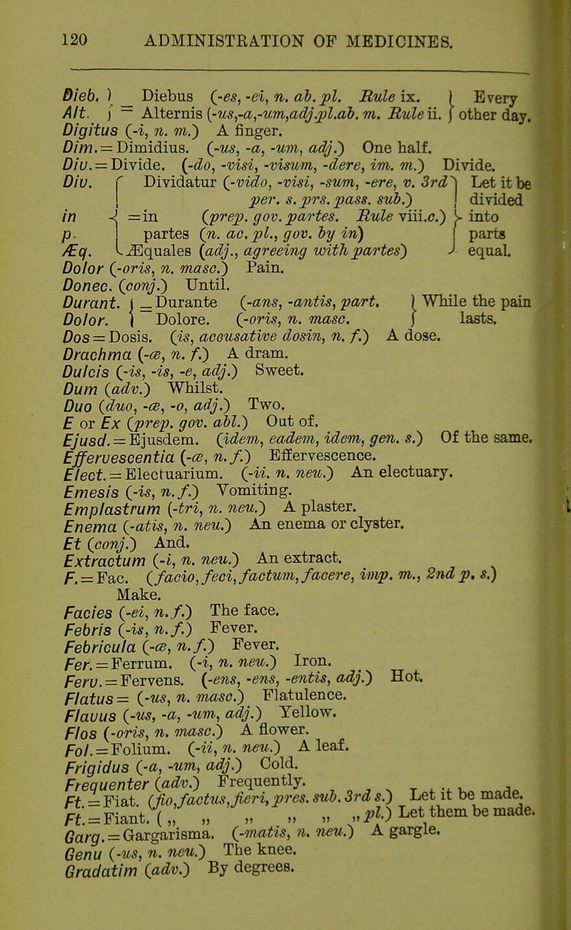 Dieb. ) _ Diebus Q-es^-ei, n, ab. pi. Mule ix. ) Every Alt. j ~ Alternis (-us,-a,-um,adj.pl.ah. m. Rule ii. j other day. Digitus (-i, n. m.') A finger. = Dimidius. (-us, -a, -urn, adj.) One half. = Divide, (-do,-visi,-visum,-dere, im. m.) Divide. Diu. C Dividatur (-vido, -visi, -sum, -ere, v. 3rd^ Let it be I per. s. prs. pass, sub.) ) divided in =in (^prejy. gov. partes. i^i^Z^ viii.c.) into p. partes Qi. ac. pi., gov. by in) j parts y€q. L^quales (adj., agreeing with partes) J equal. Dolor (-oris, n. mase^ Pain. Donee, (conj.) Until. Durant. i —Durante (-ans, -antis, part, ) While the pain Dolor. I Dolore. (-oris, n. masc. j lasts. Dos = Dosis. (^5, acGUsative dosin, n. f.) A dose. Drachma (-ce, n. f.) A dram. Dulcis (-is, -is, -e, adj.) Sweet, Dum (adv.) Whilst. Duo (dm, -ce, -o, adj.) Two. £ or Ex (prep, gov, abl.) Out of. £/i/Si/. = Ejusdem. (idem, eadem, idem, gen. s.) Of the same. Effervescentia (-ce, n.f.) Effervescence. Elect. = Electuarium. (-ii. n, neu.) An electuary. Emesis (-is, n. f.) Vomiting. Emplastrum {-tri, n. neu.) A plaster. Enema (-atis, n. neu.) An enema or clyster. Et (conj.) And. Extractum (-i, n. neu.) An extract. F. = Fac. (facio, feci, factum, facere, imp. m., 2nd p, s.) Make. Fades (-ei, n.f.) The face. Febris (-is, n.f.) Fever. Febricula (-cb, n.f.) Fever. Fer. = Ferrum. (-i, n. neu.) Iron. Fe/'i;. = Fervens. (-ens,-ens,-entis, adj.) Hot. Flatus = (-us, n. masc.) Flatulence. Flauus (-us, -a, -um, adj.) Yellow. Flos (-oris, n, masc.) A flower. Fo/. = Folium, (-ii, n. neu.) A leaf. Frigidus (-a, -um, adj.) Cold. Frequenter (adv.) Frequently. ^ „ ^ ^ ^ , . Ft = Fiat. (iio,factus,fieri,pres. sub. 3rd s.) Let it be made. fLfU.^,: . . Let them be made. (?a/'g. = Grargarisma. (-matis, n. neu.) A gargie. Genu (-us, n. neu.) The knee. Gradatim (adv.) By degrees.