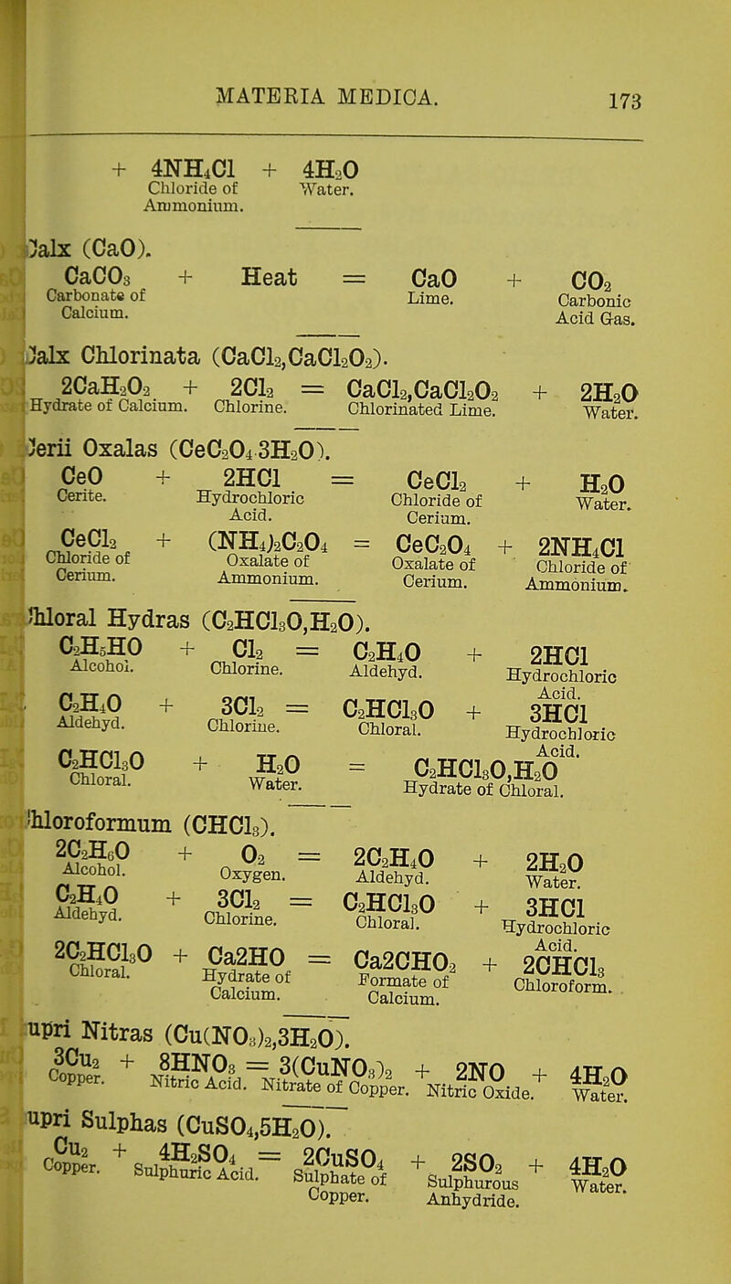 + 4NH4CI Chloride of Aiumonium. + 4H2O Water. :Jalx (CaO). CaCOs Carbonate of Calcium. + Heat = CaO Lime. + CO2 Carbonic Acid Gas. :Jalx Chlorinata (CaCl2,CaCl202). 2CaH202 + Hydrate of Calcium. 2CI2 = CaCl2,CaCl202 Chlorine. Chlorinated Lime. + ^erii Oxalas (CeC204 3H2O). CeO Cerite. CeCla + Chloride of Cerium. 2HC1 Hydrochloric Acid. (NH4;20204 Oxalate of Ammonium. CeCl2 Chloride of Cerium. CeC204 Oxalate of Cerium. + 2H2a Water. H2O Water. + 2NH4CI Chloride of Ammonium. Jliloral Hydras (C2HCl30,H20). C2H0HO Alcohol. C2H4O Aldehyd. C2HCI3O Chloral. + + CI2 = Chlorine. 3OI2 = Chlorine. C2H4O Aldehyd. + C2HCI3O Chloral. + H2O Water. 2H01 Hydrochloric Acid. 3H0I Hydrochloric Acid. C2H0l30,H20 Hydrate of Chloral. + 'hloroformum (OHCI3). 2C2H6O + O2 Alcohol. Oxygen. C2H4O + 3CI2 Aldehyd. Chlorine. 2C2HCI3O Chloral. + Ca2H0 Hydrate of Calcium. 2C2H4O Aldehyd. O2HCI3O Chloral. Ca2CH02 Formate of Calcium. + 2H2O Water. + 3HC1 Hydrochloric Acid. + 2OHCI3 Chloroform. upn Nitras (Cu(N03)2,3H20). Copper. Nitric Acid. Nit^a-te £co'^^^^^^^ upri Sulphas (CuS04,5H20). Copper. Anhydride. 4H2O Water. 4H2O