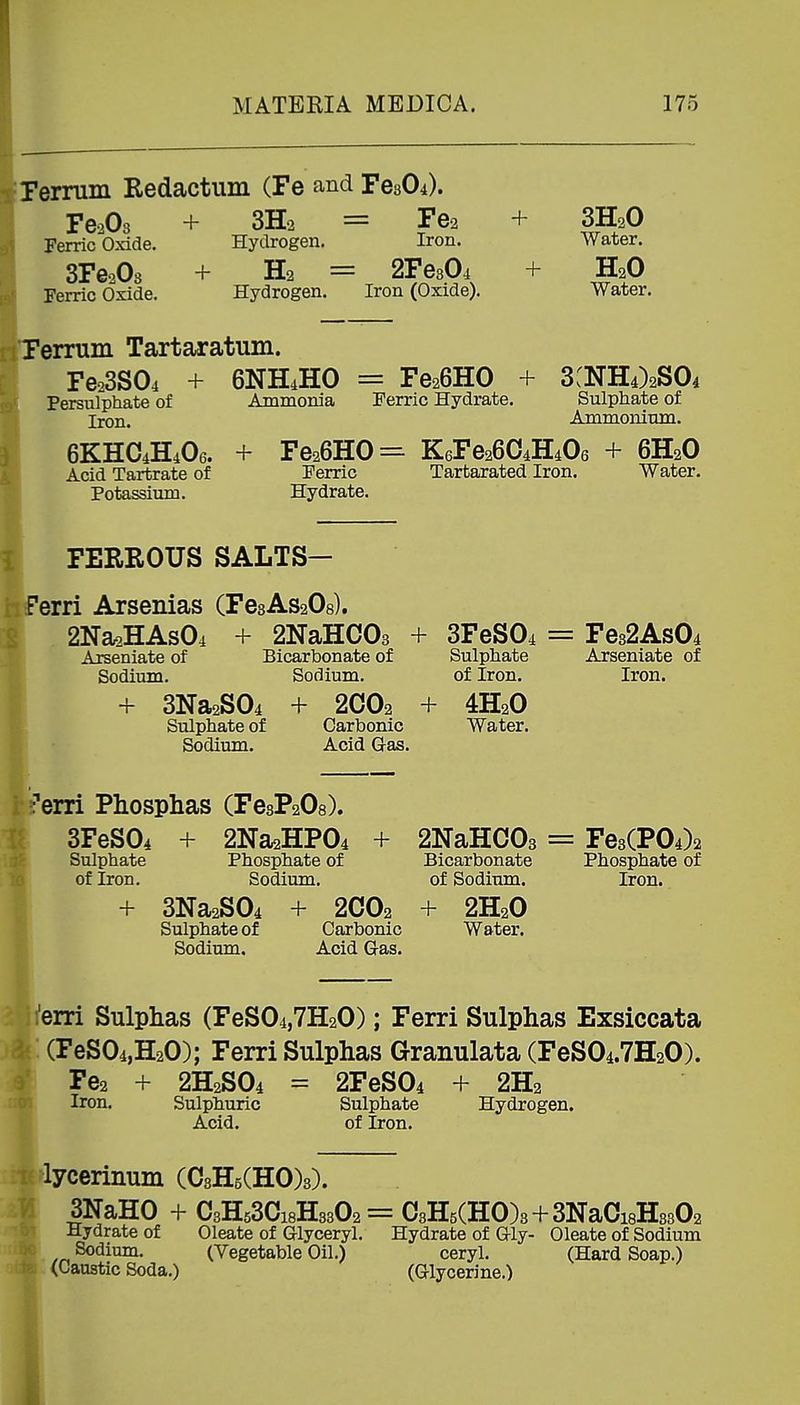 rernim Redactum (Fe and Fe804). Te^Os + 3H2 = Fe2 Ferric Oxide. Hydrogen. Iron. SFeiOs + H2 = 2Fe304 Ferric Oxide. Hydrogen. Iron (Oxide). Ferrum Tartaratum. Fe23S04 + 6NH4HO + + Persulphate of Iron. Ammonia = Fe26HO + Ferric Hydrate. 3H2O Water. H2O Water. 3:nh4)2S04 Sulphate of Ammonium. 6KHC4H4O6. Acid Tartrate of Potassium. TeSRO Ferric Hydrate. K6Fe2604H4O6 Tartarated Iron. + 6H2O Water. FERROUS SALTS- Ferri Arsenias CFe3As208). 2Na2HAs04 + 2NaHC03 + 3FeS04 = Fe32As04 Arseniate of Bicarbonate of Sulphate Arseniate of Sodium. Sodium. of Iron. Iron. + 3Na2S04 + 2CO2 + 4H2O Sulphate of Carbonic Water. Sodium. Acid Gas. ■erri Phosphas (Fe3P208). 3FeS04 + 2Na2HP04 + 2NaHC03 = Fe3(P04)2 Sulphate Phosphate of Bicarbonate Phosphate of of Iron. Sodium. of Sodium. Iron. + 3Na2S04 + 2CO2 + 2H2O Sulphate of Carbonic Water. Sodium. Acid Q&s. 'erri Sulphas (FeS04,7H20); Ferri Sulphas Exsiccata (FeS04,H20); Ferri Sulphas Granulata (FeS04.7H20). Fe2 + 2H2SO4 = 2FeS04 + 2H2 Iron. Sulphuric Sulphate Hydrogen. Acid. of Iron. lycerinum (CsHsCHOs). JNaHO + C3H53Ci8H3302= C3H5(HO)3+3NaCi8H8302 Hydrate of Oleate of Glyceryl. Hydrate of Gly- Oleate of Sodium Sodium. (Vegetable Oil.) ceryl. (Hard Soap.) (Caustic Soda.) (Glycerine.)