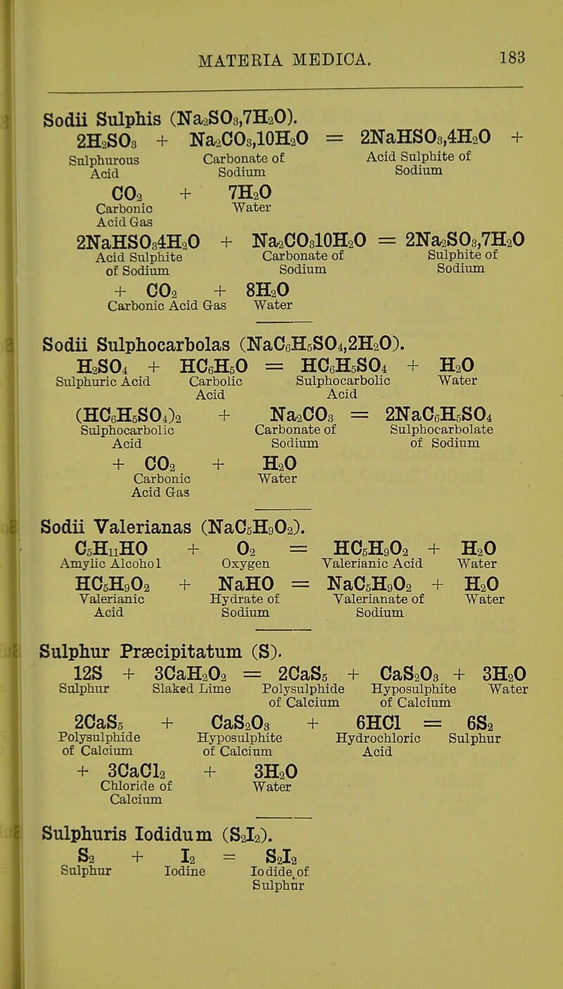 Sodii Sulphis (NaaSOs.THaO). 2H2SO3 + Na2OO3,10H2O Carbonate of Sodium 7H2O Water Sulphurous Acid 2NaHS08,4H20 + Acid Sulphite of Sodium + CO2 Carbonic Acid Gas 2NaHS084H20 Acid Sulphite of Sodium + CO2 + + Carbonic Acid G-as Na2CO3l0H2O = 2Na2S03,7H20 Carbonate of Sulphite of Sodium Sodium 8H2O Water Sodii Sulphocarbolas (NaC6H5S04,2H20). H2SO4 + HCeHsO = HC6H5SO4 + Sulphuric Acid Carbolic Acid Sulphocarbolic Acid H2O Water (HC6H5S04)2 + Sulphocarbolic Acid + OO2 + Carbonic Acid Gas Na2C03 Carbonate of Sodium H2O Water 2Na06H5S04 Sulphocarbolate of Sodium Sodii Valerianas (NaC5H902). C5H11HO + 02 = AmyUc Alcoho 1 Oxygen HC5H9O2 + H2O Valerianic Acid Water HCoHg02 Valerianic Acid + NaHO = Hydrate of Sodium NaC6H902 Valerianate of Sodium H2O Water Sulphur Prsecipitatum (S). 12s + 3CaH202 = 2CaS5 + Sulphur Slaked Lime Polysulphide of Calcium CaS203 + Hyposulphite of Calcium 3H2O Water 20aSo Polysulphide of Calcium + CaS203 Hyposulphite of Calcium + 6HC1 Hydrochloric Acid 6S2 Sulphur + 3CaOl2 Chloride of Calcium + 3H2O Water Sulphuris lodidum (S2I2). S2 + I2 = S2I2 Sulphur Iodine Iodide, of Sulphur