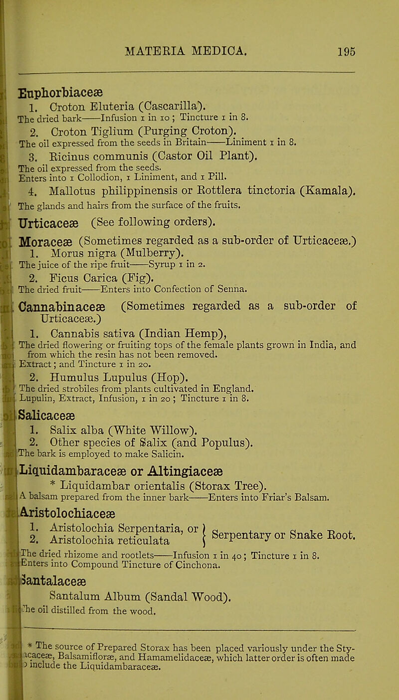 Enphorbiacese 1. Croton Eluteria (Cascarilla). The dried bark Infusion i in lo ; Tincture i in 8. 2. Croton Tiglium (Purging Croton). _ The oil expressed from the seeds in Britain Liniment i in 8. 3. Eicinus communis (Castor Oil Plant). The oil expressed from the seeds. Enters into i Collodion, i Liniment, and i Pill. 4. Mallotus philippinensis or Rottlera tinctoria (Kamala). The glands and hairs from the surface of the fruits. TJrticaceae (See following orders). Moraceae (Sometimes regarded as a sub-order of TJrticaceae.) 1. Morus nigra (Mulberry). The juice of the ripe fruit Syrup i in 2. 2. Ficus Carica (Fig). The dried fruit Enters into Confection of Senna. Cannabinacese (Sometimes regarded as a sub-order of Urticacese.) 1. Cannabis sativa (Indian Hemp), The dried flowering or fruiting tops of the female plants grown in India, and from which the resin has not been removed. Extract; and Tincture i in 20. 2. Humulus Lupulus (Hop). The dried strobiles from plants cultivated in England. Lupulin, Extract, Infusion, i in 20 ; Tincture i in 8. Salicacese 1. Salix alba (White Willow). 2. Other species of Salix (and Populus). The bark is employed to make Salicin. Liquidambaracese or Altingiacese * Liquidambar orientalis (Storax Tree). A balsam prepared from the inner bark Enters into Friar's Balsam. istolochiacese he dried rhizome and rootlets Infusion i in 40; Tincture i in 8. Enters into Compound Tincture of Cinchona. antalacese Santalum Album (Sandal Wood). -Tie oil distilled from the wood. * The source of Prepared Storax has been placed variously under the Sty- acaceae, Balsamiflorae, and Hamamelidaceae, which latter order is often made 3 mclude the Liquidambaraceae. 1. Aristolochia Serpentaria, or 2. Aristolochia reticulata Serpentary or Snake Koot,