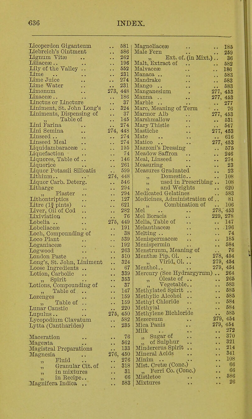 Xicoperdon Griganteum .. 581 Liebreich's Ointment .. 586 Lignum Vitse .. .. 262 Liliacese .. .. .. 196 Lily of the Valley ..552 Lime .. .. .. 231 Lime Juice .. .. 274 Lime Water .. ..231 Limonum .. 273, 448 LinaceEe .. .. .. 186 Linctus or Lincture .. 37 Liniment, St. John Long's .. 324 Liniments, Dispensing of .. 37 „ Table of .. 145 Lini Farina .. .. 274 Lini Semina .. 274, 448 Linseed .. .. .. 274 Linseed Meal .. .. 274 Liquidambaraceae .. .. 195 Liquefaction .. .. 74 Liquores, Table of .. .. 146 Liquorice .. .. 261 Liquor Potassii Silicatis .. 699 Lithium.. .. • 274, 448 Liquor Carb. Deterg. .. 546 Litharge .. .. 294 „ Plaster .. ..294 Lithontriptics .. .. 127 Litre (If pints) .. .. 621 Liver, Oil of Cod .. .. 282 Lixiviation .. .. 76 Lobelia .. .. 275, 449 LobeliaceEB .. .. 191 Loch, Compounding of .. 38 Loco Plant .. ..639 Loganiaceee .. .. 192 Logwood .. ' .. 263 London Paste .. .. 510 Long's, St. John, Liniment .. 324 Loose Ingredients .. .. 67 Lotion, Carbolic .. .. 339 „ Spirit .. .. 353 Lotions, Compounding of .. 37 „ Table of .. ..147 Lozenges .. .. 159 „ Table of .. ..159 Lunar Caustic .. .. 220 Lupulus .. .. 275, 450 Lycopodium Clavatum .. 582 Lytta (Cantharides) .. 235 Maceration .. ..76 Magenta .. .. 562 Magistral Preparations .. 133 Magnesia .. 276, 450 Pluid .. ..276 „ G-ranular Cit. of .. 318 „ in mixtures .. 31 „ iuKecipe.. .. 66 -llagnifera Indica .. .. 583 jMLagnonacese • « 185 jviaie a em 259 „ Ext. of. (in Mixt )•• 86 Malt, xiiXtract oi 682 MalvaceEe 186 Manaca .. 583 Mandrake 583 Mango .. 583 Manganesium 277, 453 Manna ., 277, 453 Marble .. 277 Marc, Meaning of Term 76 Marmor Alb 277, 453 Marshmallow • • 531 iviary xmsiie .. &47 Mastiche 2n, 453 jViate .. 616 Matico .. .. 277, 453 iviazzom s jJiessmg • • 075 Meadow SafEron • • 246 Meal, Linseed • • Measuring 26 Measures Graduated ■ • 26 „ Domestic.. lOo „ used in Prescribiu g •• iOb „ and Weights eon Medicated Gelatines Ooo Medicines, Administration of .. 81 „ Combination of 1 (IR Mel 278, ' A ^9 400 Mel Boracis 229, OTQ Mella, Table of 1 y* 7 14/ Melanthacese • « . ±yo Melting .. 74 MenispermaceEe • • 1 IftO Menispermin • * Menstruum, Meaning of 7fi MenthEe Pip. 01. .. 278, „ Virid. 01. .. 279, rxv'x Menthol.. 279, Mercury (See Hydrargj-rum) .. 264 „ Oleate of .. • • zoo „ Vegetable.. • • OOO Methylated Spirit .. • • Methylic Alcohol .. • • Methyl Chloride • * 584 Methylal • • SS4 Methylene Bichloride Mezereum 27*9, 4.'54 Mica Panis 279, Milk • • 272 „ Sugar of „ of Sulphur 370 321 Mindererus Spirit .. 214 Mineral Acids 341 Minim .. 108 Mist. CretiB (Cone.) 66 „ Perri Co. (Cone.) • • 66 Mistletoe • • 586 Mixtures • • 26