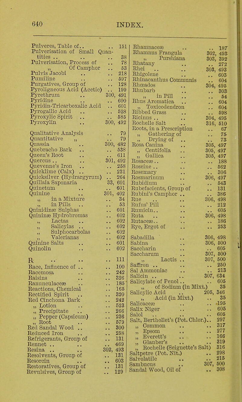 Pulveres, Table of.. 151 Pulverisation ot Small Quan- tities .. 38 Pulverisation, Process of • • 78 ,, Ot Camphor 63 Pnlvit? .Tflifiolii • • 218 Pumiline 597 Purgatives, G-roup of • ■ 128 PjToligneous Acid (Acetic) • • 199 Pyretlirum 300 , 491 Pyridine 600 Pyridin-Tricarboxalic Acid 601 Pyrogallic Acid • • 528 Pyroxylic Spirit 585 Pyroxylin 300 492 Qualitative Analysis 79 Quantitative „ 79 Quassia 300, 482 Quebracho Bark .. 538 Queen's Root 611 Quercus .. 301 , 492 Quevenne's Iron .. 258 Quicldime (Calx) .. 231 Quicksilver (Hydrargyrum) 264 Quillaia Sapouaria 33, 601 Quinetum 601 Quinine 301, 402 „ in a Mixture 34 „ in Pills 53 QuimdinEe Sulphas • • 601 i^juiumttj xxyuiouiuixicio 602 JLidCuao .. • • odiicyids .. • • DUipilOCai UUldiS ♦ • \/ Q 1 Q VI Q n Q c* V oricX IclUciio • • • • fiOl iin in f\l t ^{uinoiin • • • • 602 v>, ik • • J. J.X Eace, Influence of .. • • 100 Racemosa 242 Eaisins o2o Eanunculaceae 185 Reactions, Chemical • ■ 165 Rectified Spirit 320 Red Cinchona Bark 242 „ Lotion 523 „ Precipitate 266 „ Pepper (Capsicum) 236 „ xiOOu • • 579 Red Sandal Wood .. • • 300 Reduced Iron • • Refrigerants, Group of 131 Rennet .. 469 Resina .. 302, 493 Resolvents, G-roup of • • 131 Resorcin • • 603 Restoratives, Group of • • 131 Revulsives, Group of • • 129 Rhamnaceas .. .. 187 Rharmius Frangula 302, 493 „ Purshiana 303, 392 Rhatany .. ..272 Rhei .. .. 303, 493 Rhigolene .. ..603 Rhinacanthus Communis .. 604 Rhoeados .. 304, 495 Rhubarb .. .. 303- „ in Pill .. ..54 Rhus Aromatica .. .. 604 „ Toxicodendron .. 604 Ribbed Grass .. ,. 598 Riciuus .. .. 304, 495 Rochelle Salt .. 316, 510 Roots, in a Prescription .. 67 „ Gathering of .. 75 „ Drying of .. .. 73 Rosa Canina .. 305, 497 „ Centifolia .. 305. 497 „ Gallica .. 305j 497 Rosace® .. .. .. 188 Roseine .. .. .. 562 Rosemary .. .. 306 Rosmarinum .. 306, 497 Rubidium .. .. 545 Rubefacients, Group of .. 131 Rubini's Camphor .. .. 386 Rue .. .. 306, 498 Rufus' Pill .. .. 212 Rumicin.. .. .. 605 Ruta .. .. 306, 498 RutaccEe.. .. .. 186 Rye, Ergot of .. ..253 Sabadilla .. 306, 498 Sabina .. 306, 500 Saccharin .. .. 605 Saccharum .. 307, 500 „ Lactis .. 307, 500 Saffron .. .. ,. 250 Sal Ammoniac .. .. 213 Salicin .. .. 307, 634 Salicylate of Penol.. .. 605 „ of Sodium (in Mixt.) 35 SaHcylic Acid .. 205, 346 „ Acid (in Mixt.) .. 35 Salicaceae .. .. 195 Salix Niger .. ..605 Salol .. .. ..605 Salt, BerthoUet's (Pot. Chlor.).. 297 „ Common .. .. 317 „ Epsom .. .. 277 „ Everett's .. .. 166 „ Glauber's .. .. 319 „ Rochelle (Seiguette's Salt) 316 Saltpetre (Pot. Nit.) .. 298 Salvolatile .. .. 215 Sambucus .. 307, 500 Sandal Wood, Oil of .. 308