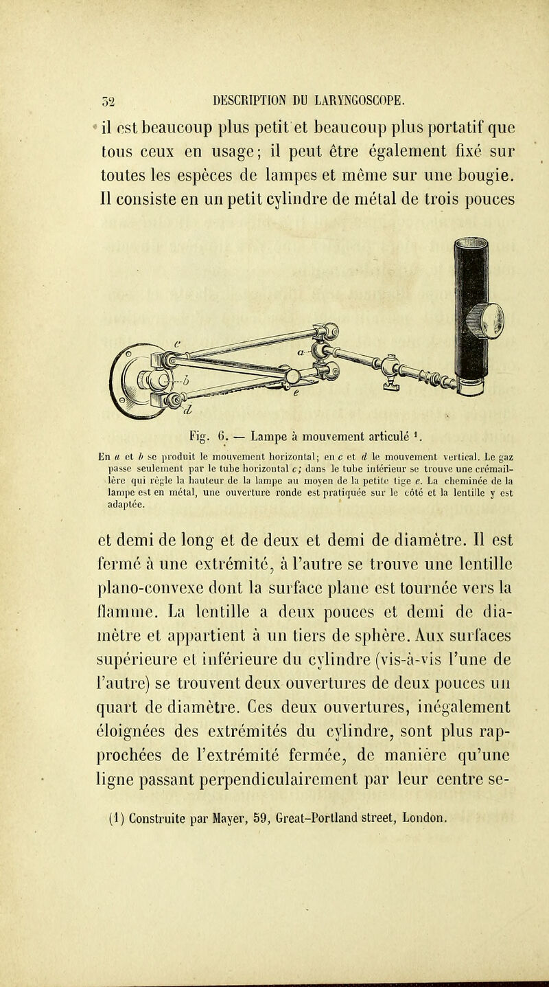 il est beaucoup plus petit et beaucoup plus portatif que tous ceux en usage; il peut être également fixé sur toutes les espèces de lampes et même sur une bougie. Il consiste en un petit cylindre de métal de trois pouces Fig. 6. — Lampe à mouvement articulé lîn a et h se liroduit le mouvemciit horizonlal; en c et le mouveiiionl vertical. Le gaz passe seulement par le tube liorizontal c; tlans le tube inlérienr se trouve une crémail- lère qui règle la hauteur de la lampe au moyen de la petite tige e. La cheminée de la lampe est en métal, une ouverture ronde est pratiquée sur le côte et la lentille y est adaptée. et demi de long et de deux et demi de diamètre. Il est fermé à une extrémité, à l'autre se trouve une lentille piano-convexe dont la surface plane est tournée vers la flamme. La lentille a deux pouces et demi de dia- mètre et appartient à un tiers de sphère. Aux surfaces supérieure et inférieure du cylindre (vis-à-vis l'une de l'autre) se trouvent deux ouvertures de deux pouces un quart de diamètre. Ces deux ouvertures, inégalement éloignées des extrémités du cylindre, sont plus rap- prochées de l'extrémité fermée, de manière qu'une ligne passant perpendiculairement par leur centre se-