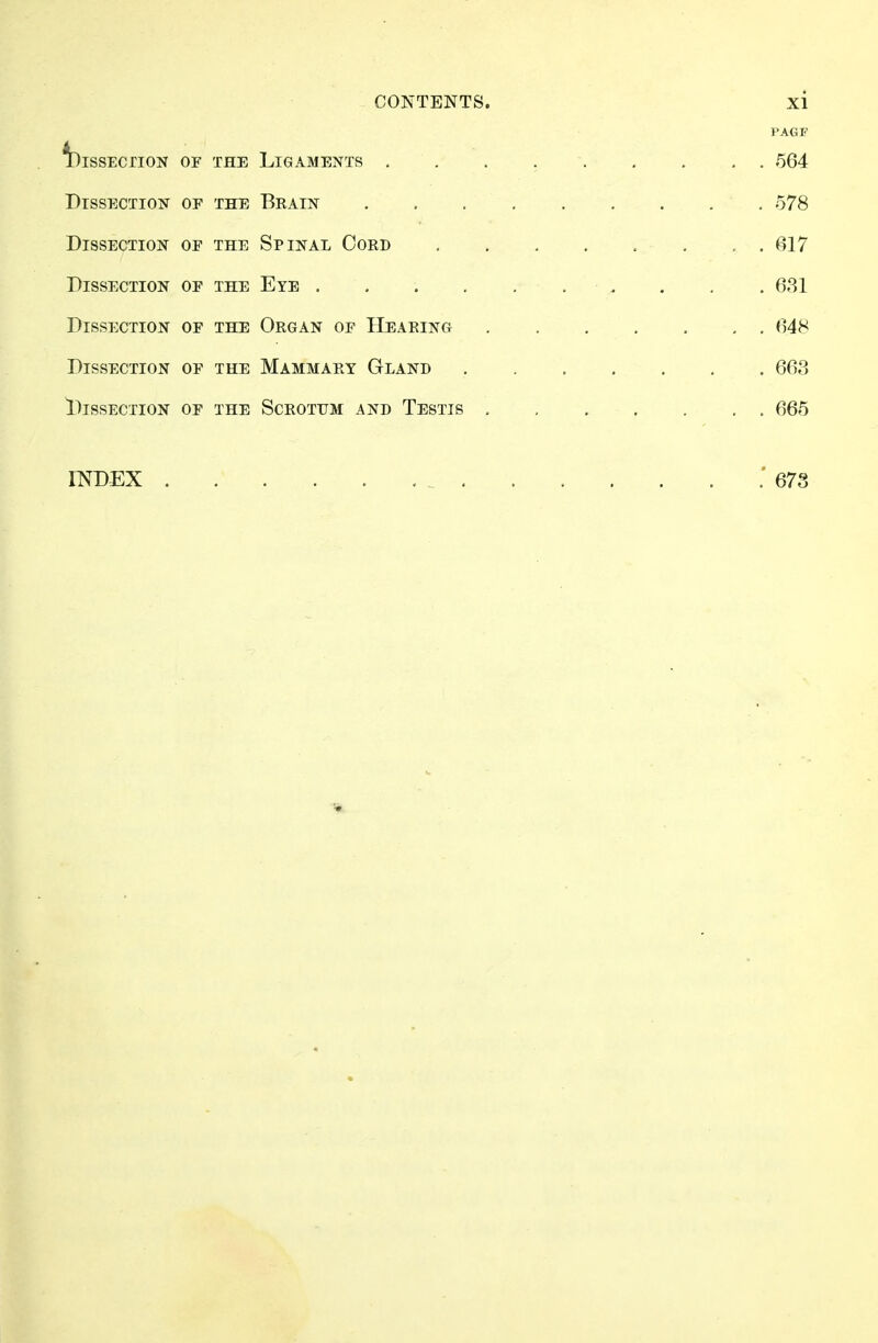 PAGE ^blSSECIION OF THE LIGAMENTS 564 Dissection of the Brain 578 Dissection of the Spinal Cord ■■ . . 617 Dissection of the Eye . . . . , . . . . 631 Dissection of the Organ of Hearing 648 Dissection of the Mammary Gland 663 Dissection of the Scrotum and Testis 665 INDEX .' 673