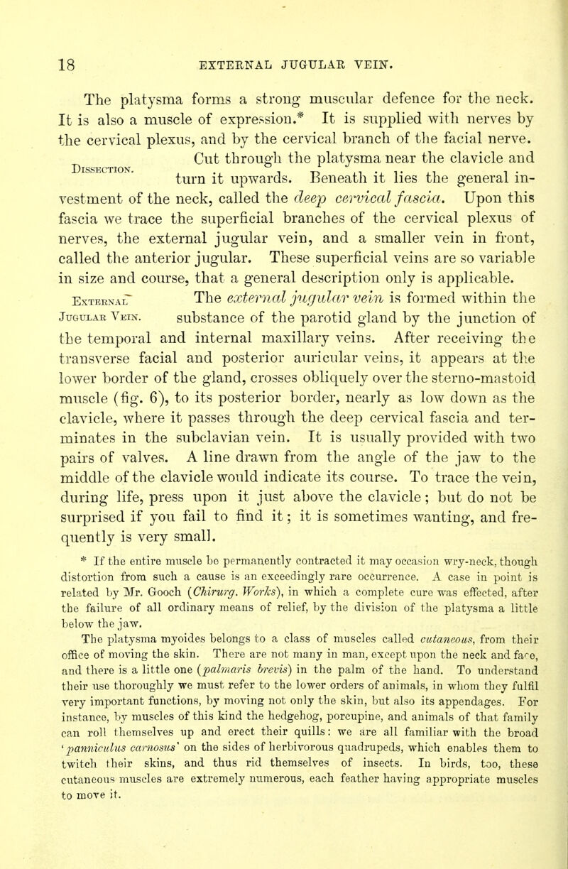 The platysma forms a strong muscular defence for the neck. It is also a muscle of expression.* It is supplied with nerves by the cervical plexus, and by the cervical branch of the facial nerve. Cut through the platysma near the clavicle and turn it upwards. Beneath it lies the general in- vestment of the neck, called the deep cervical fascia. Upon this fascia we trace the superficial branches of the cervical plexus of nerves, the external jugular vein, and a smaller vein in front, called the anterior jugular. These superficial veins are so variable in size and course, that a general description only is applicable. ExteknaiT The external jugular vein is formed within the Jugular Vein. substance of the parotid gland by the junction of the temporal and internal maxillary veins. After receiving the transverse facial and posterior auricular veins, it appears at the lower border of the gland, crosses obliquely over the sterno-mastoid muscle (fig. 6), to its posterior border, nearly as low down as the clavicle, where it passes through the deep cervical fascia and ter- minates in the subclavian vein. It is usually provided with two pairs of valves. A line drawn from the angle of the jaw to the middle of the clavicle would indicate its course. To trace the vein, during life, press upon it just above the clavicle; but do not be surprised if you fail to find it; it is sometimes wanting, and fre- quently is very small. * If the entire muscle be permanently contracted it may occasion wry-neck, though distortion from such a cause is an exceedingly rare occurrence. A case in point is related by Mr. Gooch (Chirurg. Works), in which a complete cure was effected, after tbe failure of all ordinary means of relief, by the division of the platysma a little below the jaw. The platysma myoides belongs to a class of muscles called cutaneous, from their office of moving the skin. There are not many in man, except upon the neck and fare, and there is a little one (palmaris brevis) in the palm of the hand. To understand their use thoroughly we must refer to the lower orders of animals, in whom they fulfil very important functions, by moving not orily the skin, but also its appendages. For instance, by muscles of this kind the hedgehog, porcupine, and animals of that family can roll themselves up and erect their quills: we are all familiar with the broad 'panniculus camosm on the sides of herbivorous quadrupeds, which enables them to twitch their skins, and thus rid themselves of insects. In birds, too, these cutaneous muscles are extremely numerous, each feather having appropriate muscles to move it.