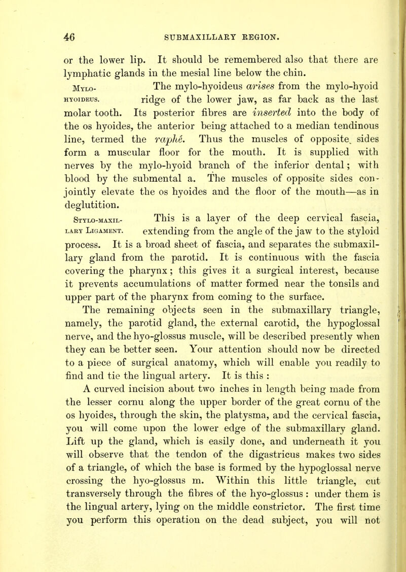 or the lower lip. It should be remembered also that there are lymphatic glands in the mesial line below the chin. Mylo- The mylo-hyoideus arises from the mylo-hyoid hyoideus. ridge of the lower jaw, as far back as the last molar tooth. Its posterior fibres are inserted into the body of the os hyoides, the anterior being attached to a median tendinous line, termed the raphe. Thus the muscles of opposite^ sides form a muscular floor for the mouth. It is supplied with nerves by the mylo-hyoid branch of the inferior dental; with blood by the submental a. The muscles of opposite sides con- jointly elevate the os hyoides and the floor of the mouth—as in deglutition. Stylo-maxil- This is a layer of the deep cervical fascia, lary Ligament. extending from the angle of the jaw to the styloid process. It is a broad sheet of fascia, and separates the submaxil- lary gland from the parotid. It is continuous with the fascia covering the pharynx; this gives it a surgical interest, because it prevents accumulations of matter formed near the tonsils and upper part of the pharynx from coming to the surface. The remaining objects seen in the submaxillary triangle, j namely, the parotid gland, the external carotid, the hypoglossal nerve, and the hyo-glossus muscle, will be described presently when they can be better seen. Your attention should now be directed to a piece of surgical anatomy, which will enable you readily to find and tie the lingual artery. It is this : A curved incision about two inches in length being made from the lesser cornu along the upper border of the great cornu of the os hyoides, through the skin, the platysma, and the cervical fascia, you will come upon the lower edge of the submaxillary gland. Lift up the gland, which is easily done, and underneath it you will observe that the tendon of the digastricus makes two sides of a triangle, of which the base is formed by the hypoglossal nerve crossing the hyo-glossus m. Within this little triangle, cut transversely through the fibres of the hyo-glossus : under them is the lingual artery, lying on the middle constrictor. The first time you perform this operation on the dead subject, you will not