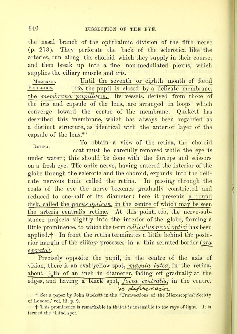 the nasal branch of the ophthalmic division of the fifth nerve (p. 213). They perforate the back of the sclerotica like the arteries, run along the choroid which they supply in their course, and then break up into a fine non-medullated plexus, which supplies the ciliary muscle and iris. Membrana Until the seventh or eighth month of foetal Pufillaris. life, the pupil is closed by a delicate membrane, the memhrana pupillaris. Its vessels, derived from thoae of the iris and capsule of the lens, are arranged in loops which converge toward the centre of the membrane. Quekett has described this membrane, which has always been regarded as a distinct structure, as identical with the anterior layer of the capsule of the lens.*4 To obtain a view of the retina, the choroid coat must be carefully removed while the eye is under water ; this should be done with the forceps and scissors on a fresh eye. The optic nerve, having entered the interior of the globe through the sclerotic and the choroid, expands into the deli- cate nervous tunic called the retina. In passing through the coats of the eye the nerve becomes gradually constricted and reduced to one-half of its diameter; here it presents a round disk, called the yorus opticus, in the centre of which may be seen the arteria centralis retinas. At this point, too, the nerve-sub- stance projects slightly into the interior of the globe, forming a little prominence, to which the term colliculus nervi oytici has been applied.f In front the retina terminates a little behind the poste- rior margin of the ciliary processes in a thin serrated border (org RP.rraf.n\ Precisely opposite the pupil, in the centre of the axis of vision, there is an oval yellow spot, macula- lutear, in the retina, about yVth of an inch in diameter, fading off gradually at the edges, and having a- black spoL fovea centralis, in the centre. * See a paper by John Quekett in the 'Transactions of the Microscopical Society of London,' vol. iii. p. 9. | This prominence is remarkable in that it-is insensible to the rays of light. It is termed the ' blind spot.'