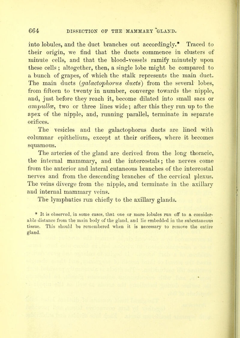 into lobules, and the duct branches out accordingly.* Traced to their origin, we find that the ducts commence in clusters of minute cells, and that the blood-vessels ramify minutely upon these cells ; altogether, then, a single lobe might be compared to a bunch of grapes, of which the stalk represents the main duct. The main ducts (galactophorus ducts) from the several lobes, from fifteen to twenty in number, converge towards the nipple, and, just before they reach it, become dilated into small sacs or ampullae, two or three lines wide; after this they run up to the apex of the nipple, and, running parallel, terminate in separate orifices. The vesicles and the galactophorus ducts are lined with columnar epithelium, except at their orifices, where it becomes squamous. The arteries of the gland are derived from the long thoracic, the internal mammary, and the intercostals; the nerves come from the anterior and lateral cutaneous branches of the intercostal nerves and from the descending branches of the cervical plexus. The veins diverge from the nipple, and terminate in the axillary and internal mammary veins. The lymphatics run chiefly to the axillary glands. * It is observed, in some cases, that one or more lobules run off to a consider- able distance from the main body of the gland, and lie embedded in the subcutaneous tissue. This should be remembered when it is necessary to remove the entire gland.