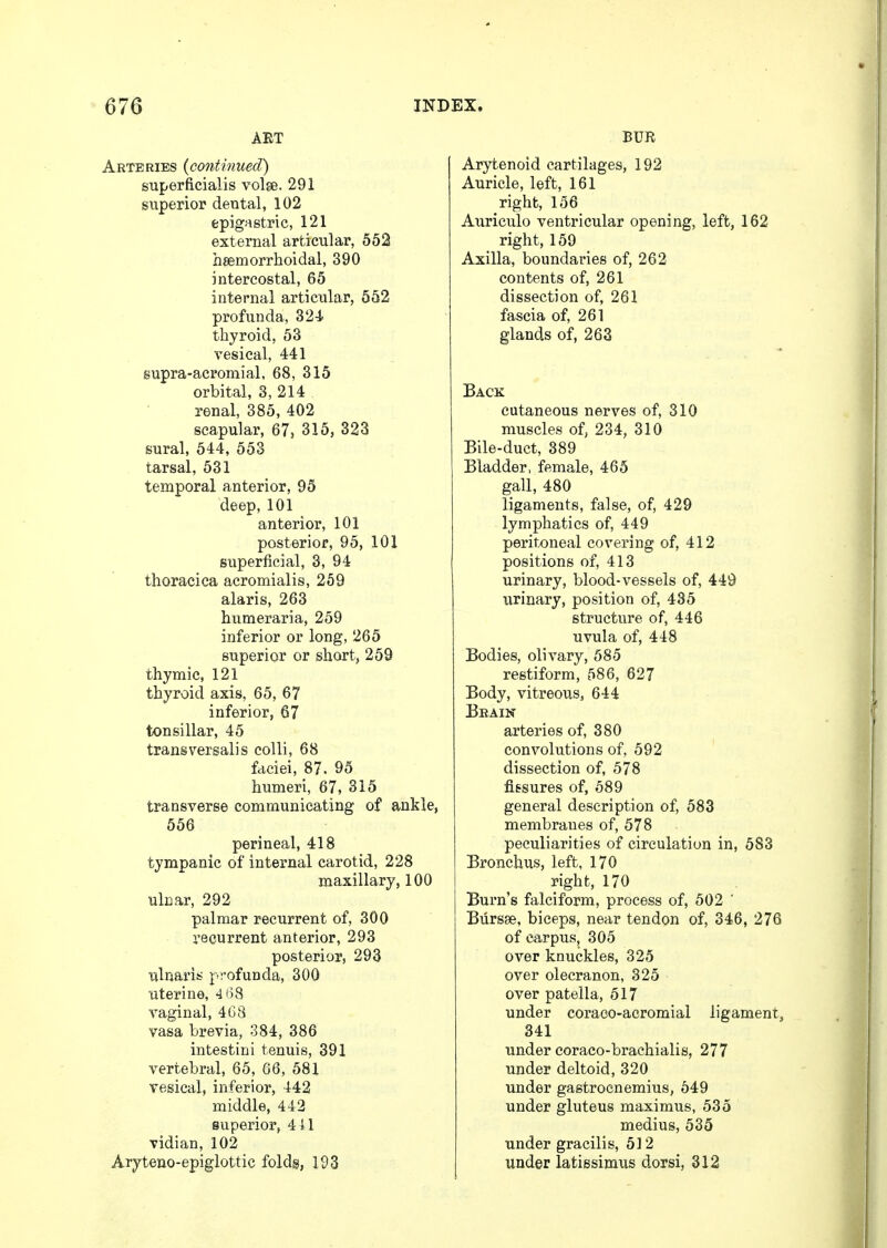 ART Arteries (continued) superficialis volge. 291 superior dental, 102 epigastric, 121 external articular, 552 hsemorrhoidal, 390 intercostal, 65 internal articular, 552 profunda, 324 thyroid, 53 vesical, 441 supra-acromial, 68, 315 orbital, 3, 214 renal, 385, 402 scapular, 67, 315, 323 sural, 544, 553 tarsal, 531 temporal anterior, 95 deep, 101 anterior, 101 posterior, 95, 101 superficial, 3, 94 thoracica acromialis, 259 alaris, 263 humeraria, 259 inferior or long, 265 superior or short, 259 thymic, 121 thyroid axis, 65, 67 inferior, 67 tonsillar, 45 transversalis colli, 68 faciei, 87. 95 humeri, 67, 315 transverse communicating of ankle, 556 perineal, 418 tympanic of internal carotid, 228 maxillary, 100 ulnar, 292 palmar recurrent of, 300 recurrent anterior, 293 posterior, 293 ulnaris profunda, 300 uterine, 4 68 vaginal, 468 vasa brevia, 384, 386 intestini tenuis, 391 vertebral, 65, 66, 581 vesical, inferior, 442 middle, 442 superior, 411 vidian, 102 Aryteno-epiglottic folds, 193 BUR Arytenoid cartilages, 192 Auricle, left, 161 right, 156 Auriculo ventricular opening, left, 162 right, 159 Axilla, boundaries of, 262 contents of, 261 dissection of, 261 fascia of, 261 glands of, 263 Back cutaneous nerves of, 310 muscles of, 234, 310 Bile-duct, 389 Bladder, female, 465 gall, 480 ligaments, false, of, 429 lymphatics of, 449 peritoneal covering of, 412 positions of, 413 urinary, blood-vessels of, 449 urinary, position of, 485 structure of, 446 uvula of, 448 Bodies, olivary, 585 restiform, 586, 627 Body, vitreous, 644 Brain arteries of, 380 convolutions of, 592 dissection of, 578 fissures of, 589 general description of, 583 membranes of, 578 peculiarities of circulation in, 583 Bronchus, left, 170 right, 170 Burn's falciform, process of, 502 ' Bursse, biceps, near tendon of, 346, 276 of carpus, 305 over knuckles, 325 over olecranon, 325 over patella, 517 under coraco-acromial ligament, 341 under coraco-brachialis, 277 under deltoid, 320 under gastrocnemius, 549 under gluteus maximus, 535 medius, 535 under gracilis, 512 under latissimus dorsi, 312