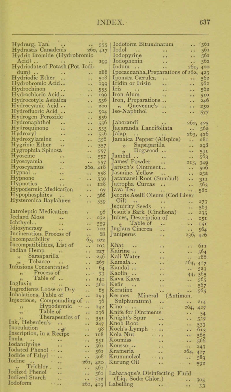 Hydrarg. Tan. . . .. 555 Hydrastis Canadenis 260, 417 Hydric Bromide (Hydrobromic Acid) .. .. .. 199 Hydriodateof Potash (Pot. lodi- dum) .. .. .. 283 Hydriodic Ether .. ., 508 Hydrobromic Acid.. .. 199 Hydrochinon .. .. 555 Hydrochloric Acid.. .. 199 Hydrocotyle Asiatica .. 556 Hydrocyanic Acid .. .. 2co Hydrofluoric Acid .. ..50.. Hydrogen Peroxide .. 556 Hydronaphthol .. .. 556 Hyilroquinone .. .. 555 Hydroxyl .. .. 556 Hydroxylamine .. .. 556 Hygrinic Ether .. .. 557 Hygrophila Spinosa .. 557 Hyoscine .. .. 557 Hyoscyamia .. .. 557 Hyoscyamus .. 260, 418 Hypnal .. .. .. 558 Hypnone .. • .. 559 Hypnotics .. ..12 Hypodermic Medication .. 97 Hypophosphites Hysteronica Baylahuen latroleptic Medication Iceland Moss Ichthyol.. Idiosyncrasy Incineration, Process of Incompatibility Incompatibilities, List of Indian Hemp „ Sarsaparilla Tobacco Infusions Concentrated „ Process of Table of .. Ingluvin Ingredients Loose or Dry Inhalations, Table of Injections, Compounding of Hypodermic Table of ,, Therapeutics of Ink, Heberden's Inoculation . Inscription, in a Recipe Inula lodantiyrine lodated Phenol Iodide of Ethyl Iodine .. Trichlor Iodized Phenol Iodized Starch Iodoform .. 366 559 98 232 •• 559 100 .. 68 65, 102 •• 103 227 • • 256 267 64  73 141 .. 560 .. 65 •• 159 .. 36 142 .. 136 •■ 351 .. 247 .. 98 ic8 551 .. 561 561 .. 508 261, 420 .. 561 561 • • 512 261, 419 Iodoform Bituminatum .. '561 lodol .. .. .. 561 lodopyrine .. .. 561 lodophenin .. .. 562 ledum .. .. 261, 420 Ipecacuanha,Preparations of 262, 423 Ipomaea Caerulea .. .. 562 Iridin or Irisin .. .. 562 Iris .. .. .. 562 Iron Alum .. .. 510 Iron, Preparations .. .. 246 „ Quevenne's .. .. 250 Iso-Naphthol .. .. 577 Jaborandi _ .. 262, 425 Jacaranda Lancifoliata .. 562 Jalap .. .. 263, 426 Jamaica Pepper (Allspice) .. 281 „ Sarsaparilla .. 298 „ Dogwood .. .. 591 Jambul .. .. ,. 563 James' Powder .. 213, 349 Jarisch's Ointment.. .. 506 Jasmine, Yellow .. .. 252 Jatamansi Root (Sumbul) .. 311 Jatropha Curcas .. .. 563 Java Tea .. .. 581 Jecoris Aselli Oleum (Cod Liver Oil) .. .. .. 273 Jequirity Seeds .. .. 563 Jesuit's Bark (Cinchona) .. 235 Juices, Description of .. 151 Table of .. .. 151 Juglans Cinerea .. .. 564 Juniperus 236, 426 44, Khat Kairine .. Kali Water Kamala .. .. 264, Kandol .. Kaolin .. Kava Kava Kefir Keratine Kermes Mineral (Antimon. Sulphuratum) Kino .. .. 264, Knife for Ointments Knight's Spur Knob Root Koch's Lymph .. Kola Nut .. Coumiss <!ousso .. Crameria .. 264, Crummolzol .. ^.urung Oil 611 564 286 427 523 565 565 567 565 214 427 54 5.37 533 613 565 566 243 427 589 592 !^abaraque's Disinfecting Fluid (Liq. Sodae Chlor.) ■ L,abelling 305 33